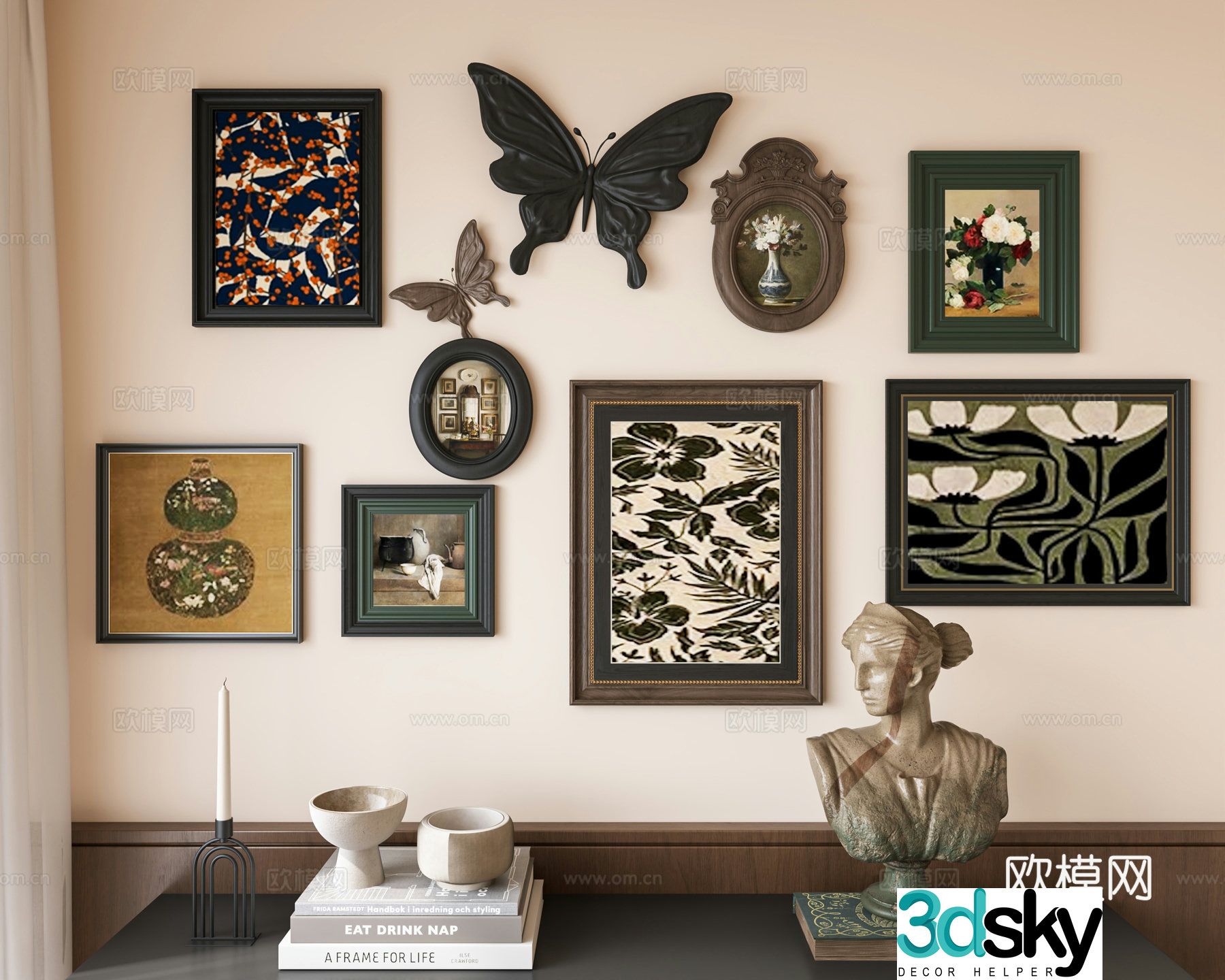 French medieval combination decorative paintings retro hanging paintings butterfly wall decorations wall decorations French sculptures 3D model