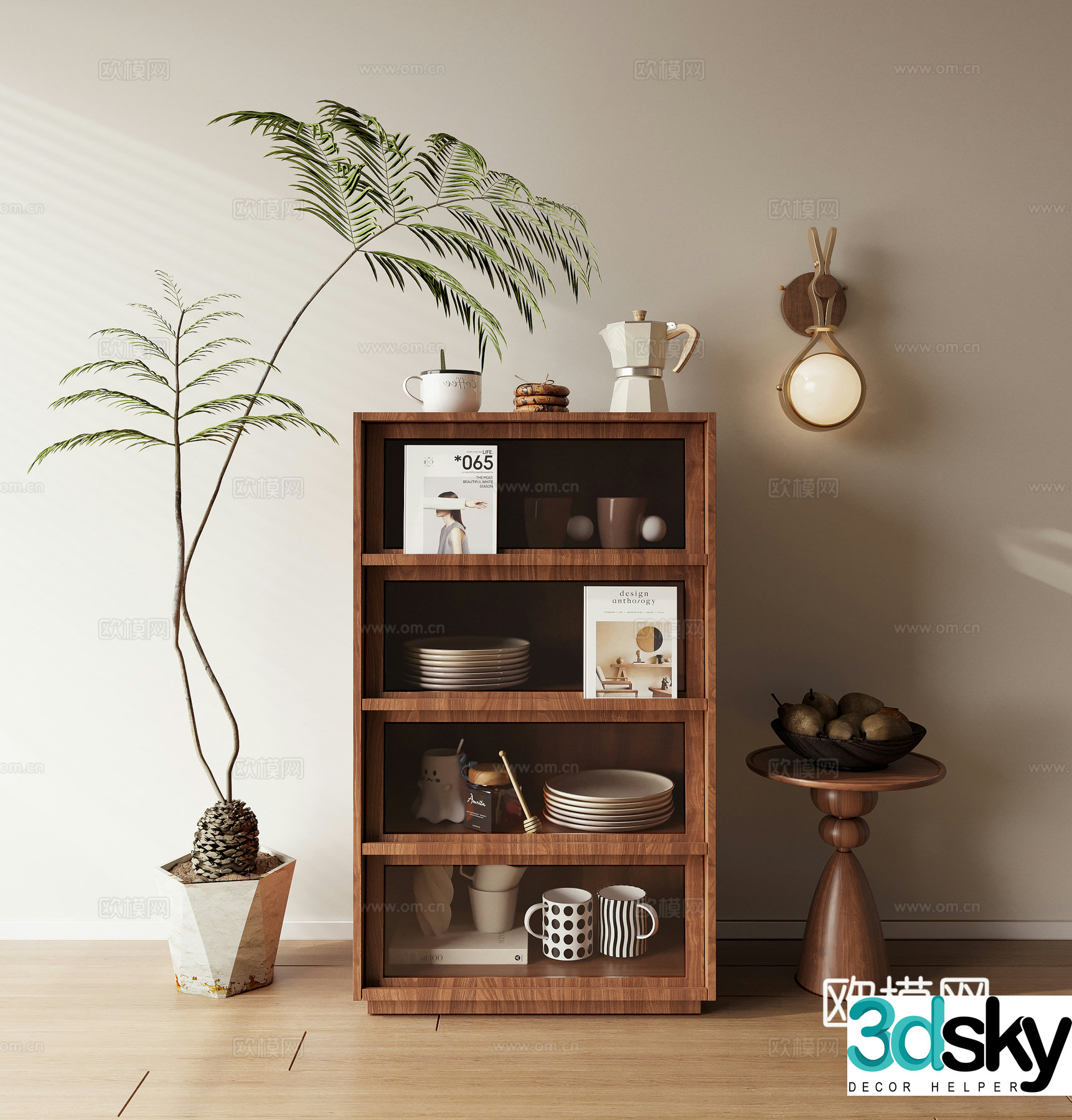 Sideboard Cabinet Tableware Ornaments Wall Light Pot Plant 3D Model