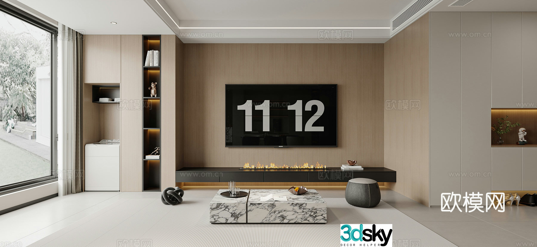 Modern TV background wall TV cabinet fireplace modern living room modern living dining room simple wash 3d model
