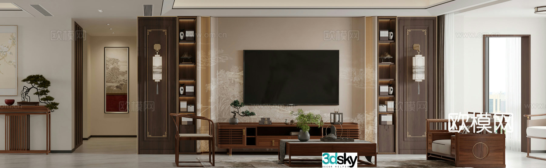 New Chinese style living room TV background wall TV cabinet dining table shoe cabinet medieval style living room 3D model