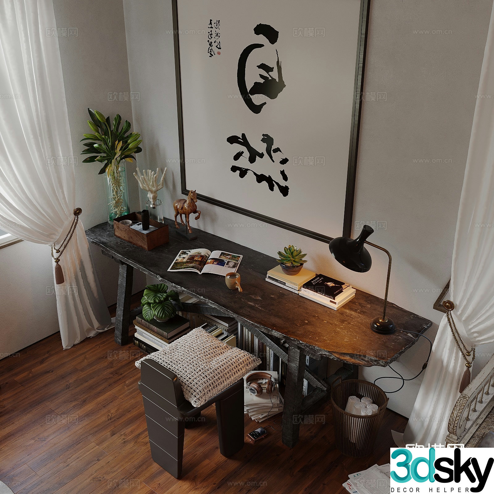 Retro old desk chair hanging painting desk lamp book 3d model