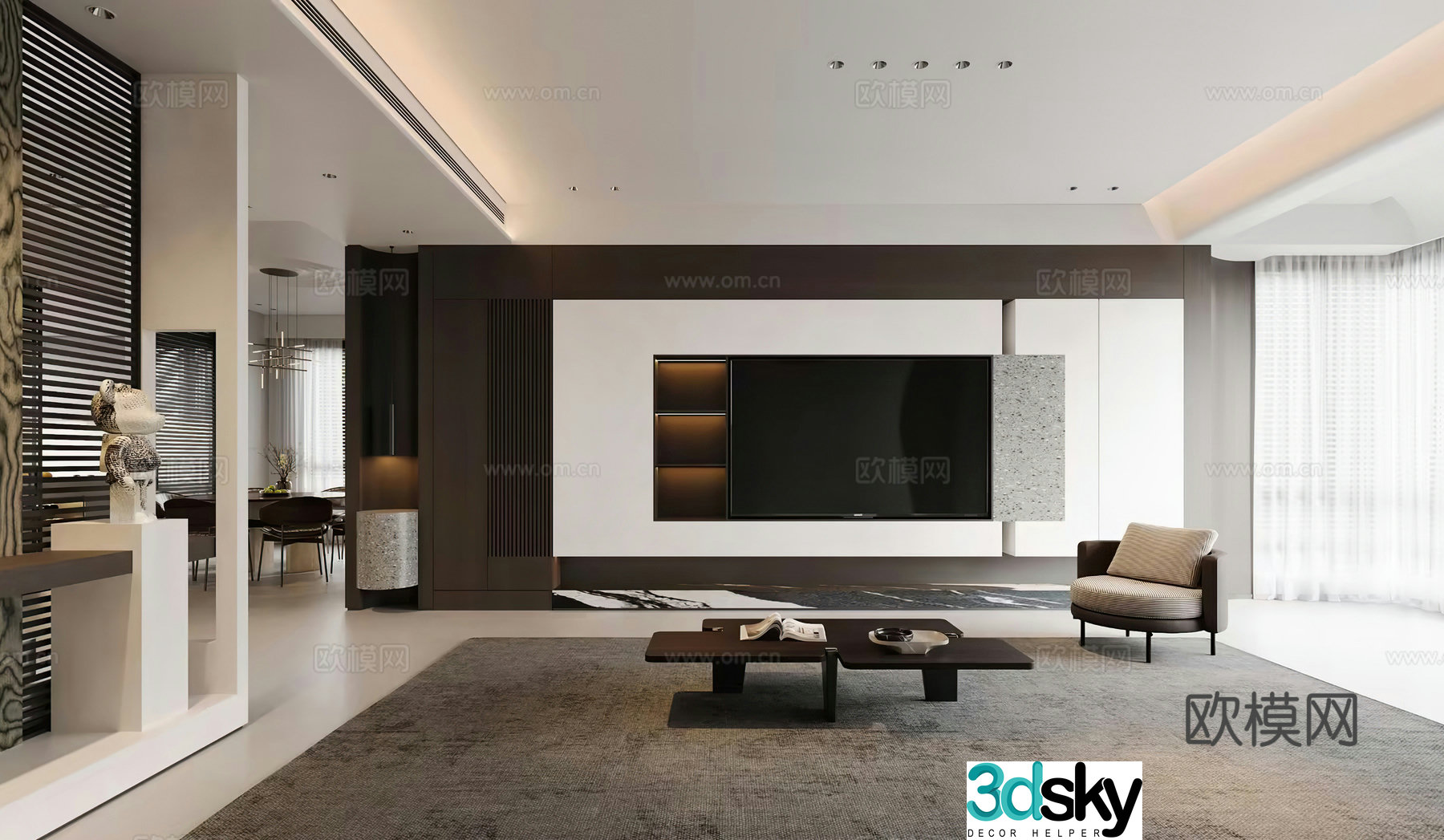 Modern living room TV background wall Italian leisure chair round dining table entrance wall 3d model