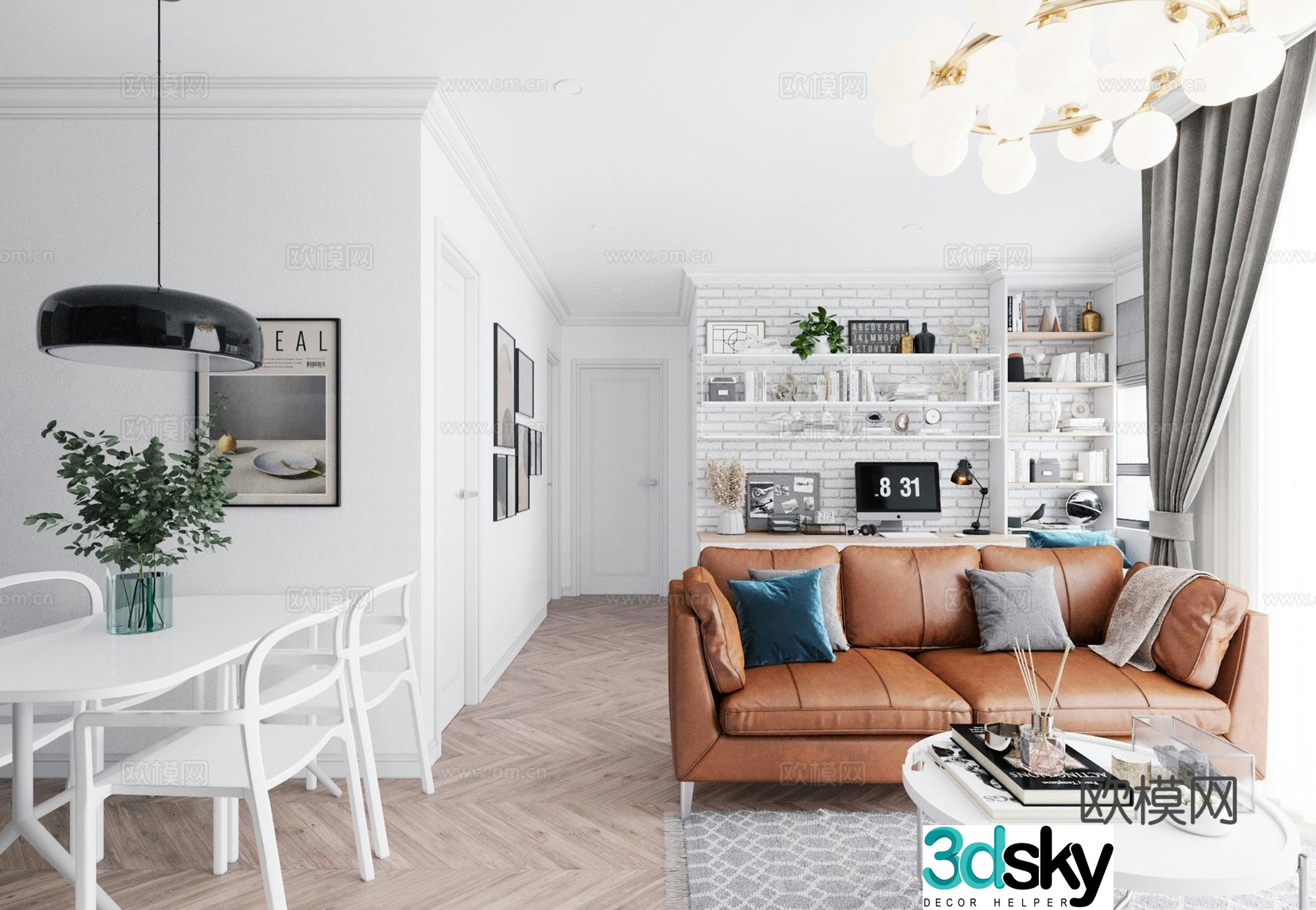 Nordic living dining open kitchen Nordic bedroom simple living dining leather double sofa 3d model