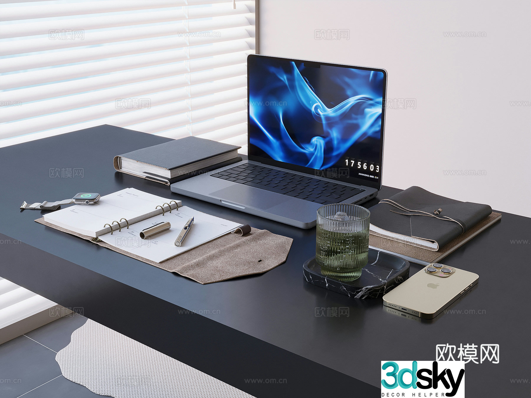 Office desk laptop iPhone watch tea cup notepad 3d model
