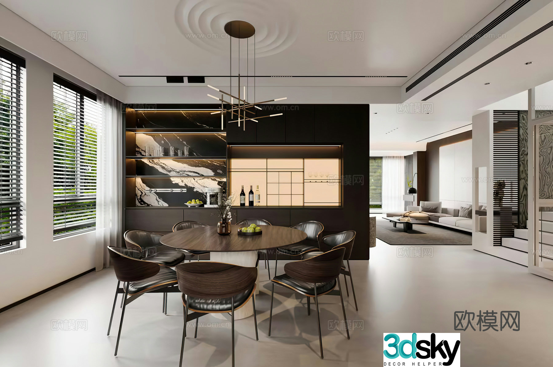Modern restaurant Light luxury restaurant Italian restaurant Black and white gray Round dining table Wine cabinet Chandelier 3D model
