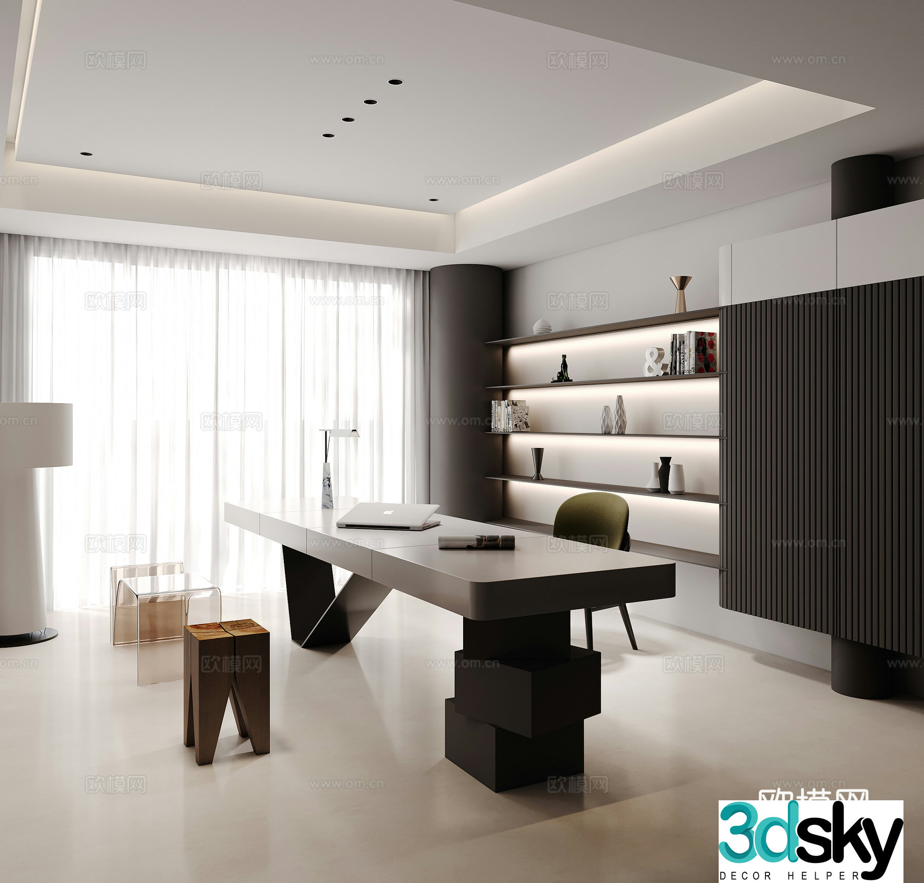 Modern study bookcase desk 3d model