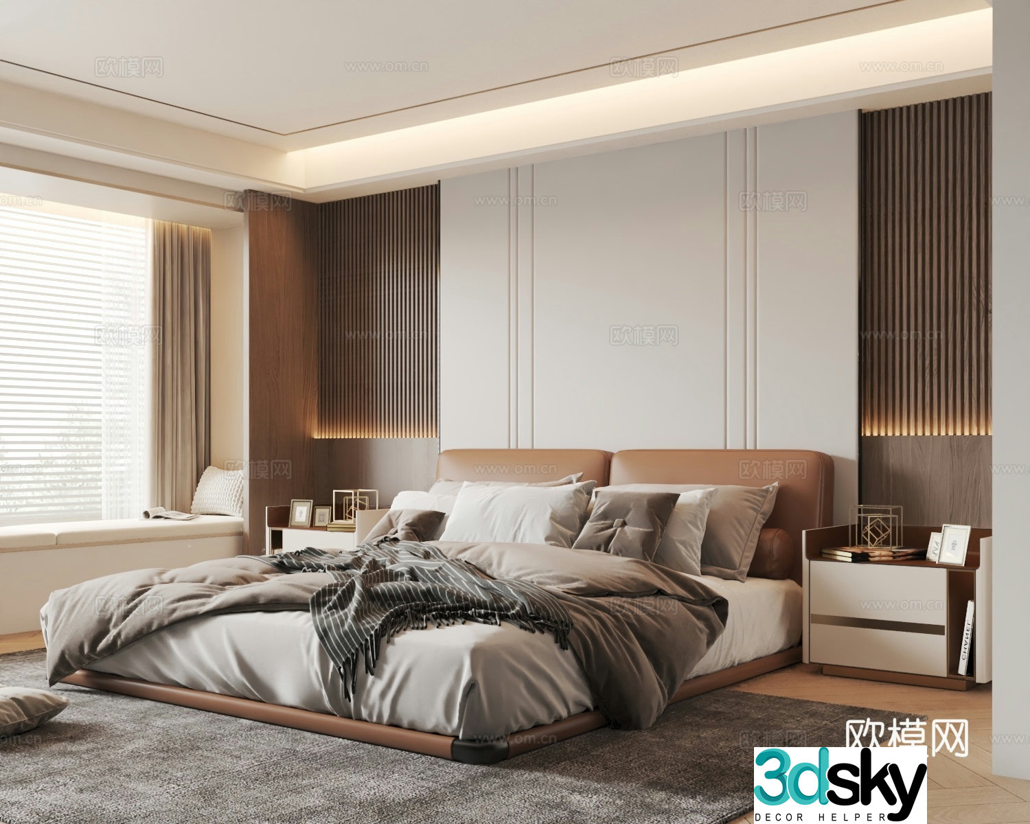 Modern creamy bedroom master light-free bedroom leather double bed master bedroom bay window bedroom bedside 3D model