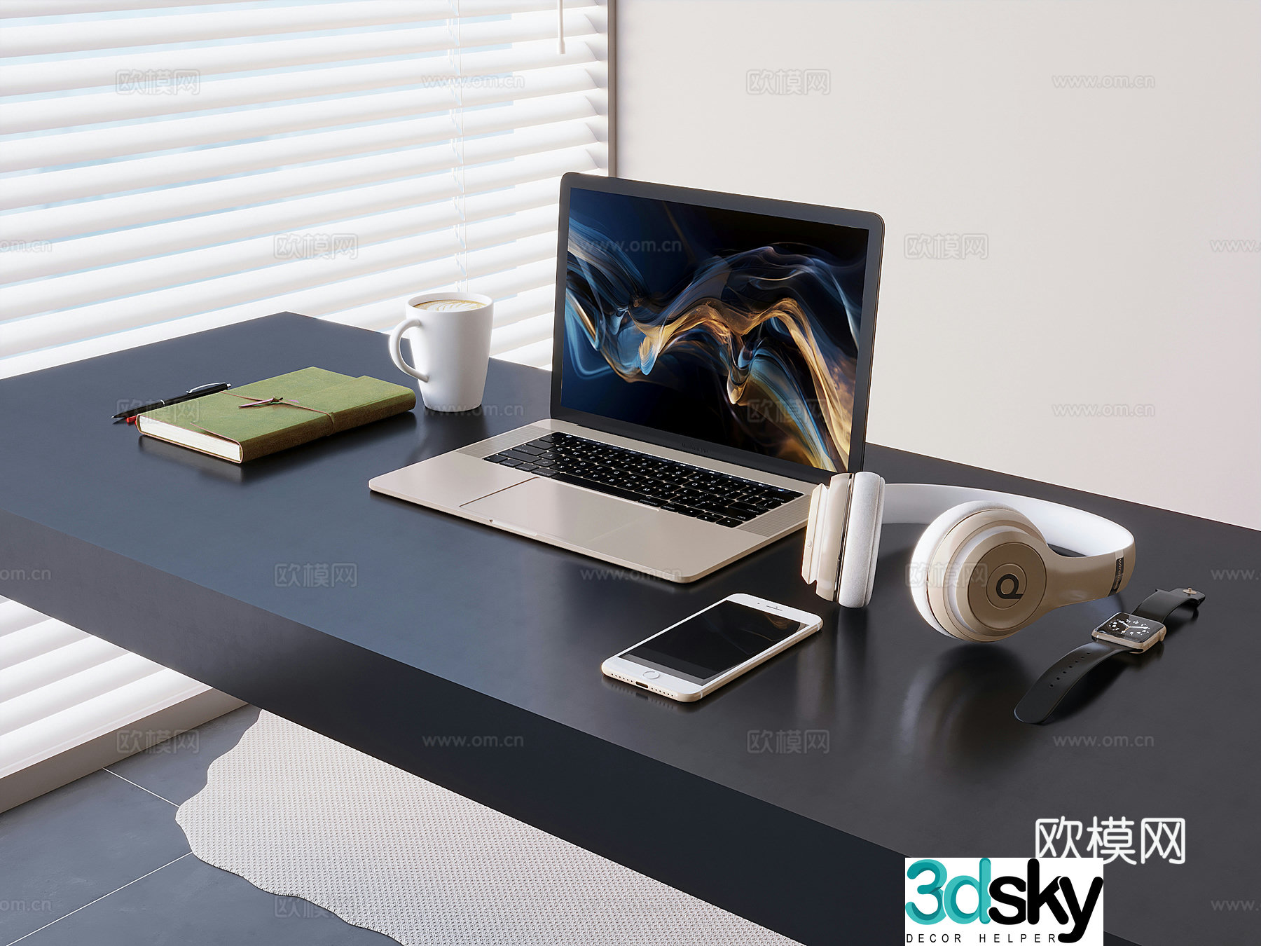 Office desk laptop mobile phone watch coffee cup notepad headset 3d model
