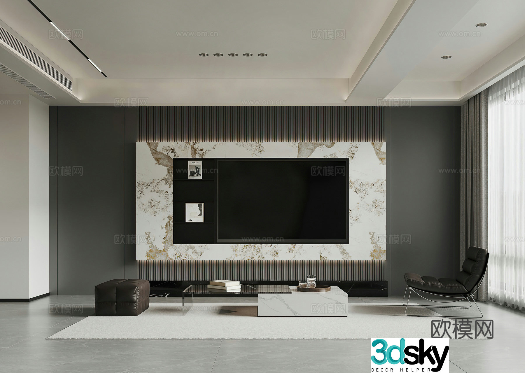 Modern TV background wall modern living room black and white gray leisure chair Italian living room living dining room 3d model