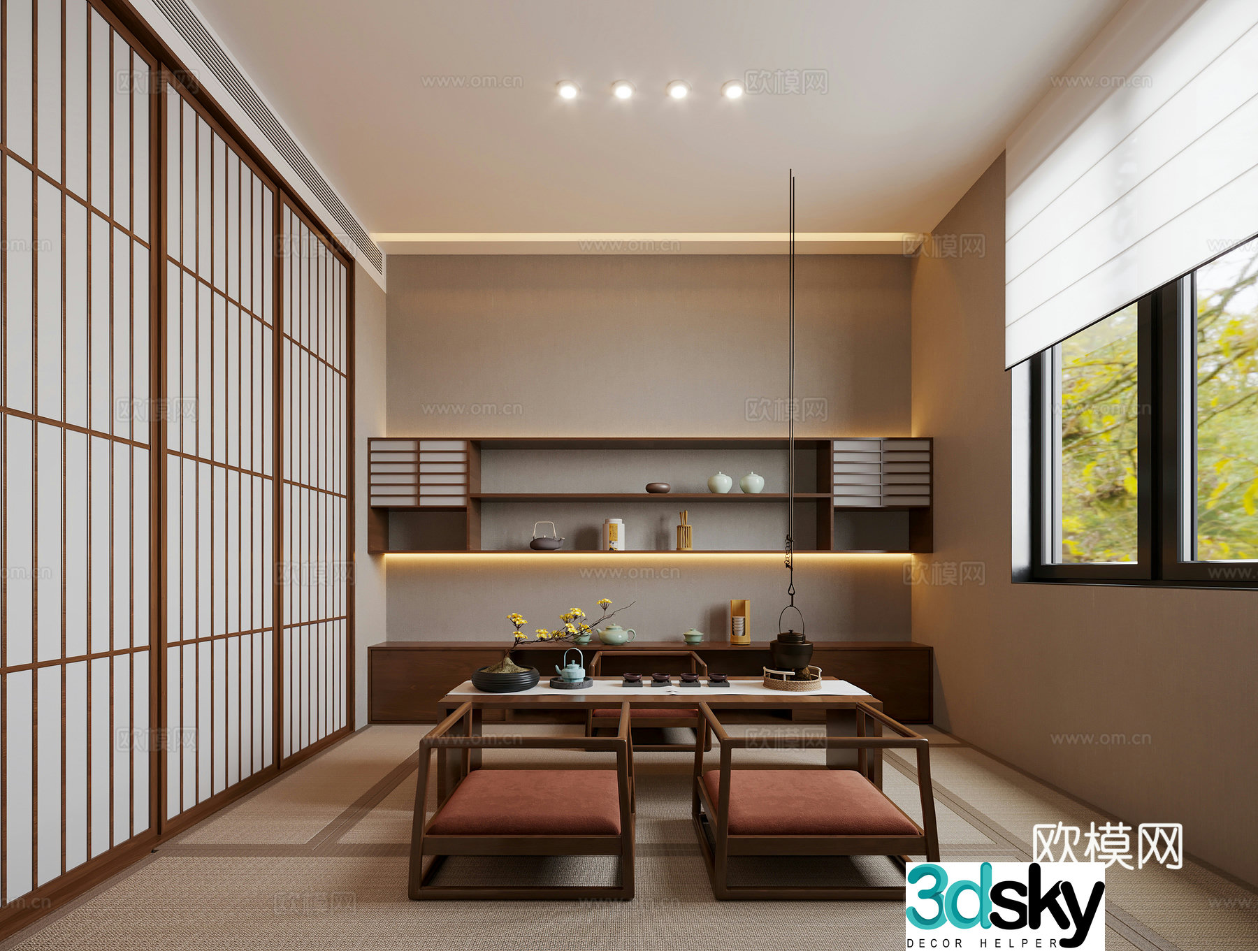 New Chinese-style tea room Song’s tea room Tea table Song’s partition sliding door Tatami tea room Zen tea 3D model