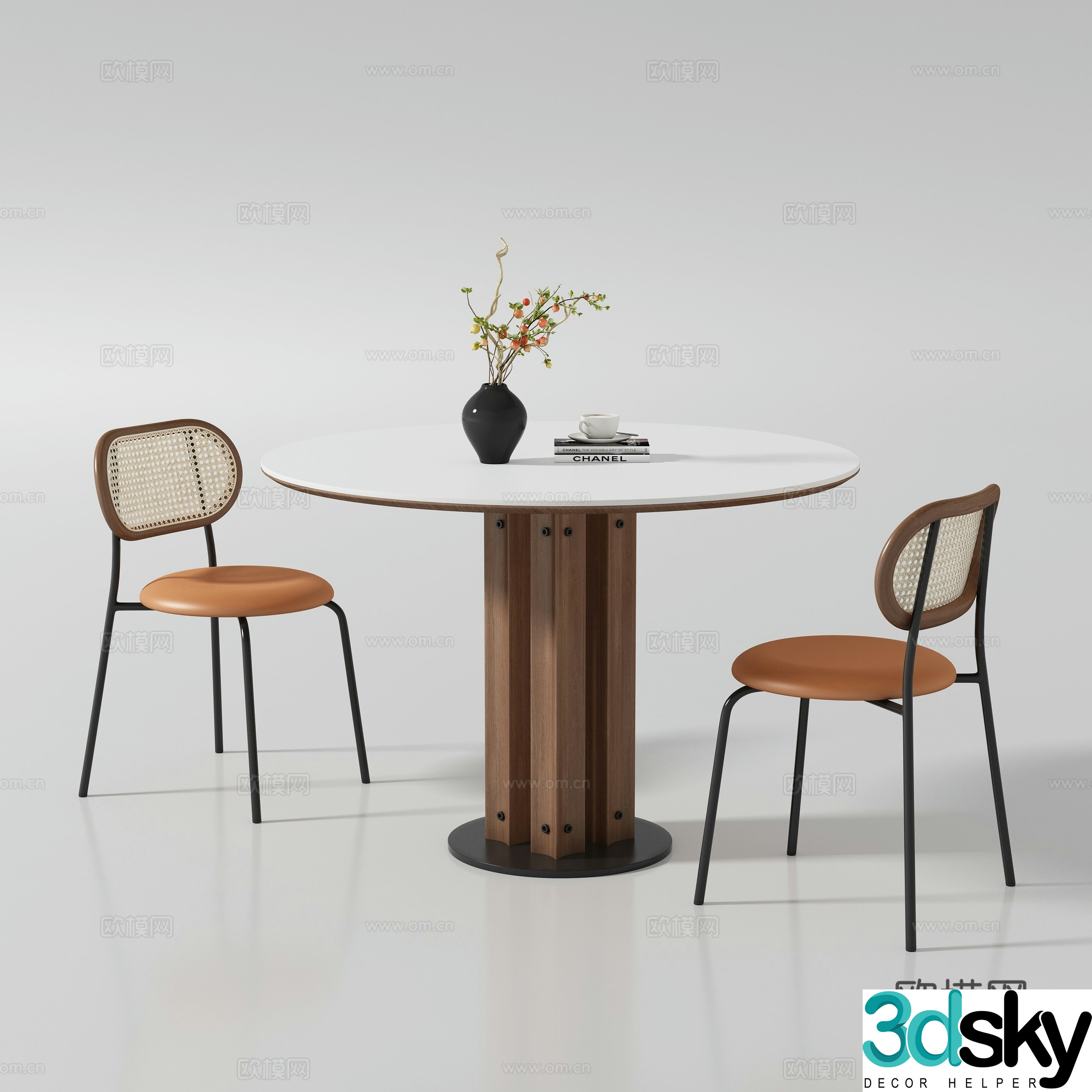 Medium style round dining table and chair 3D model