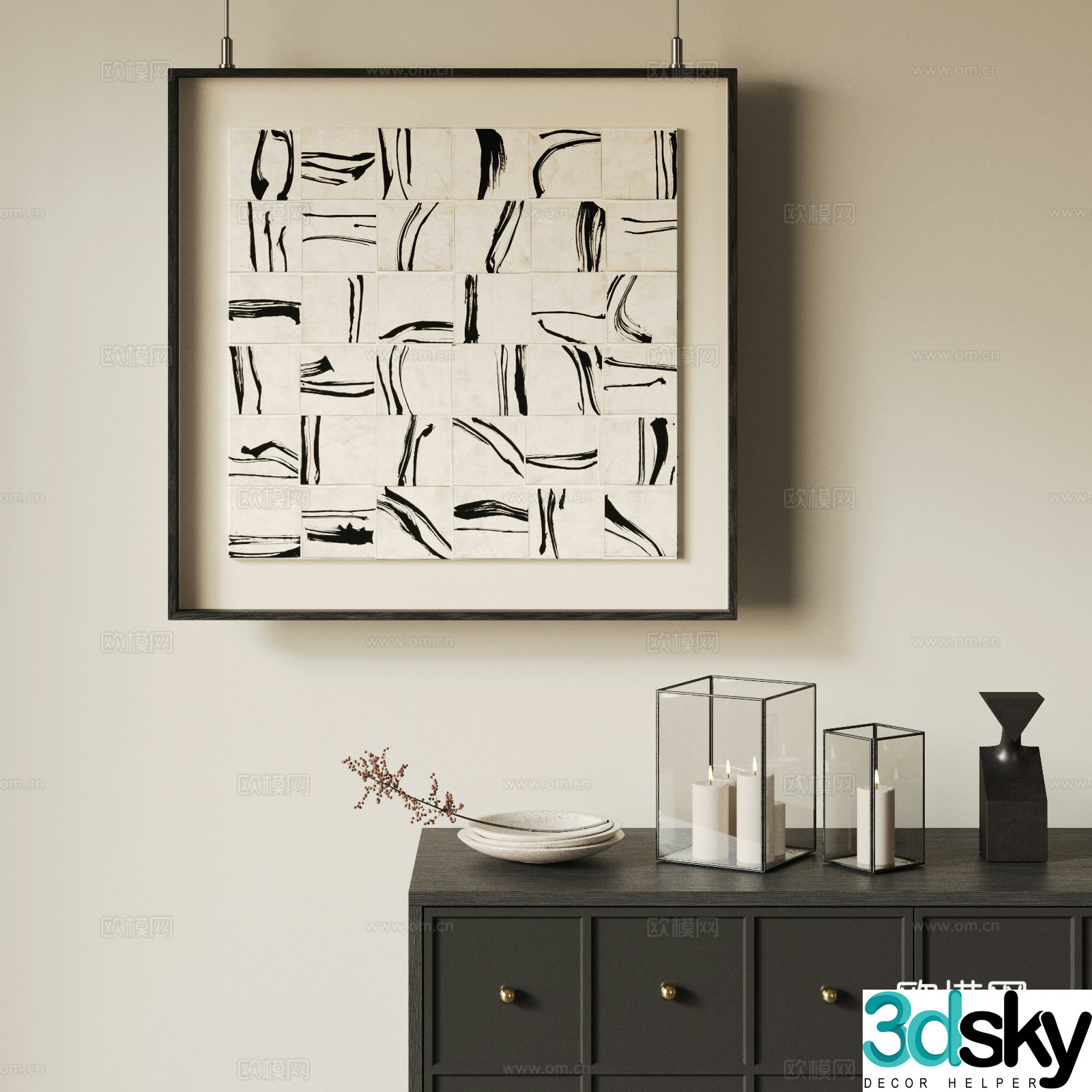 Wasabi wind hanging painting decorative painting ornament combination candle ornament abstract painting black and white hanging painting retro 3d model