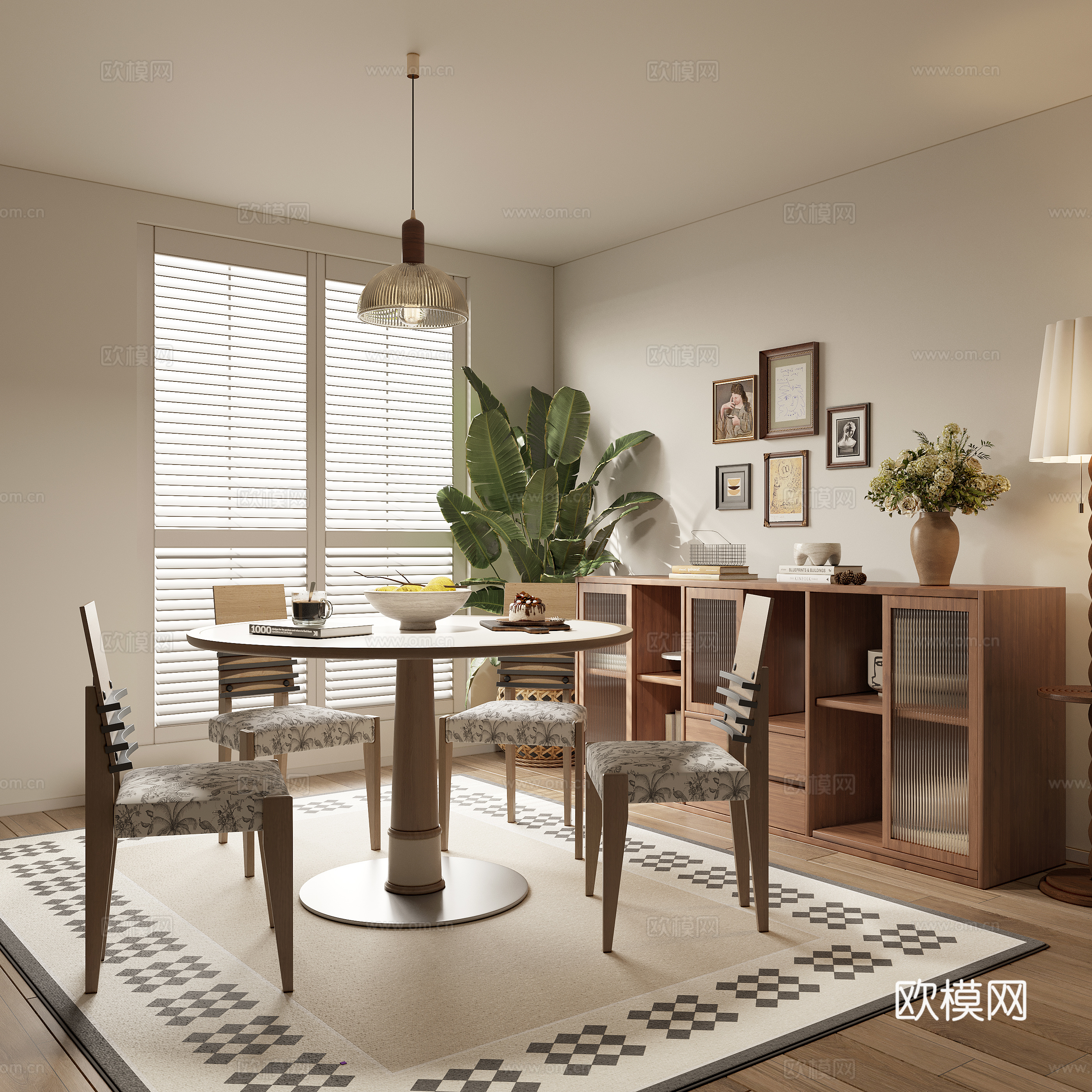 Modern medieval restaurant retro dining table dining table chair round table low cabinet side cabinet ornament 3d model