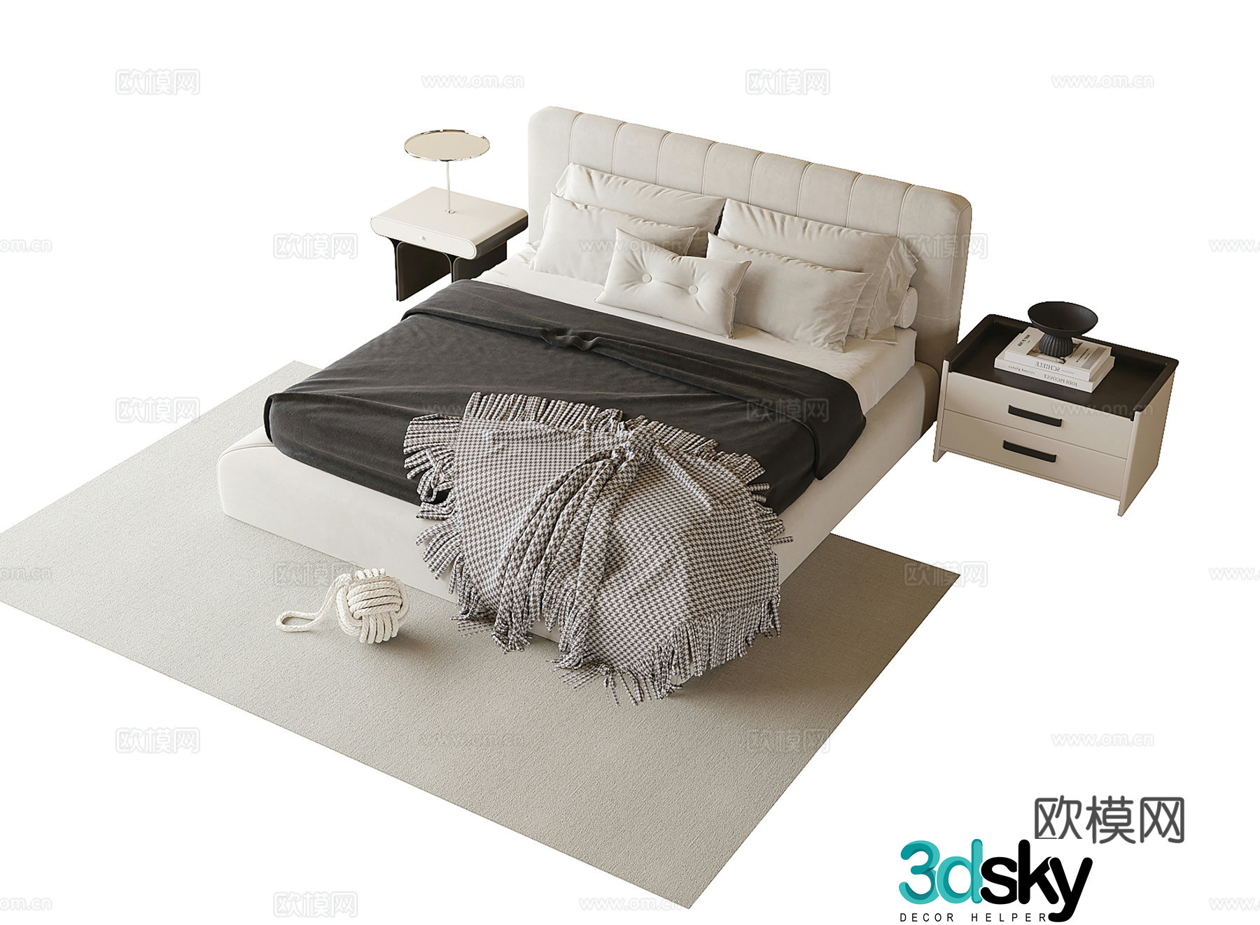 Modern double bed nightstand carpet 3d model