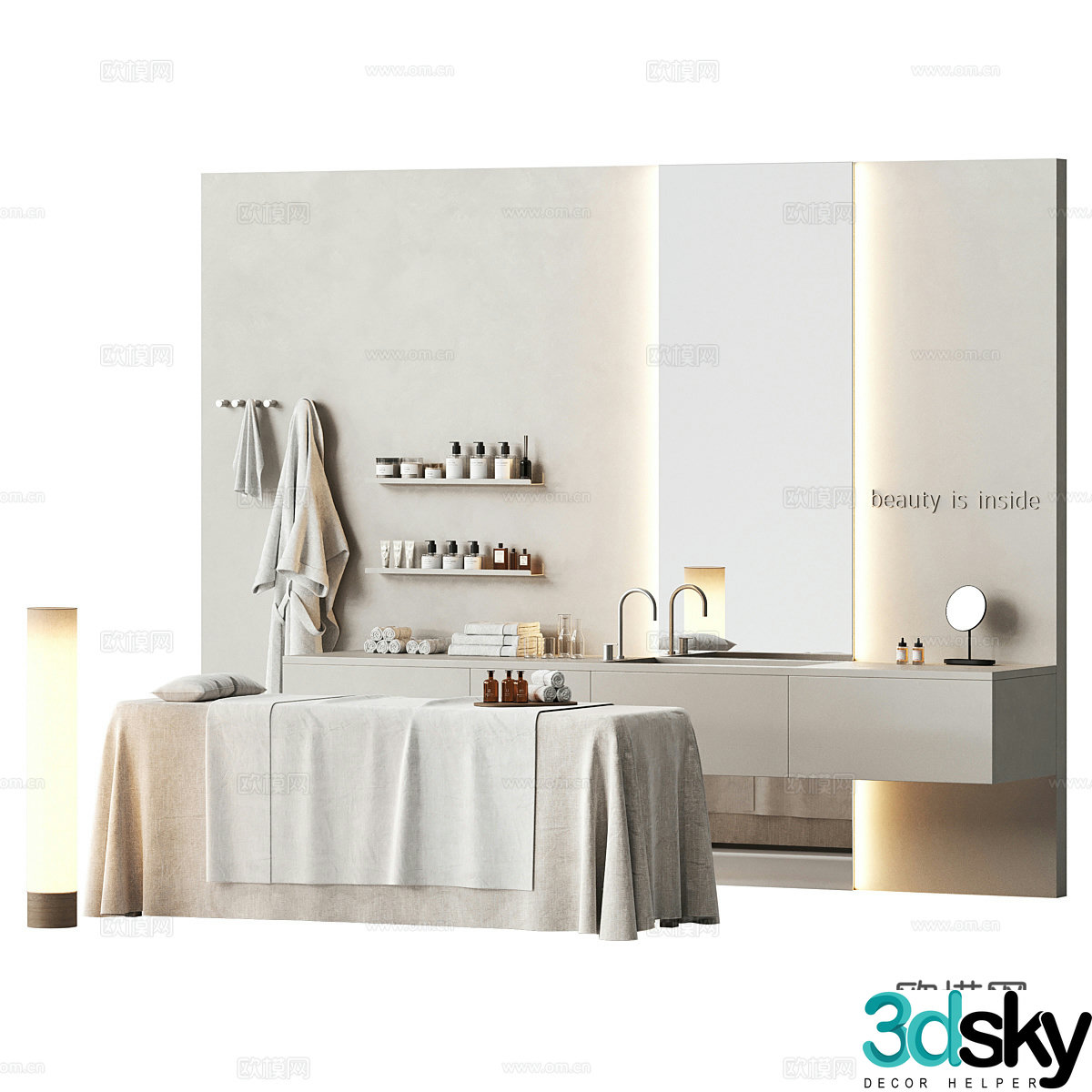 Modern spa 3d model with massage table and accessories