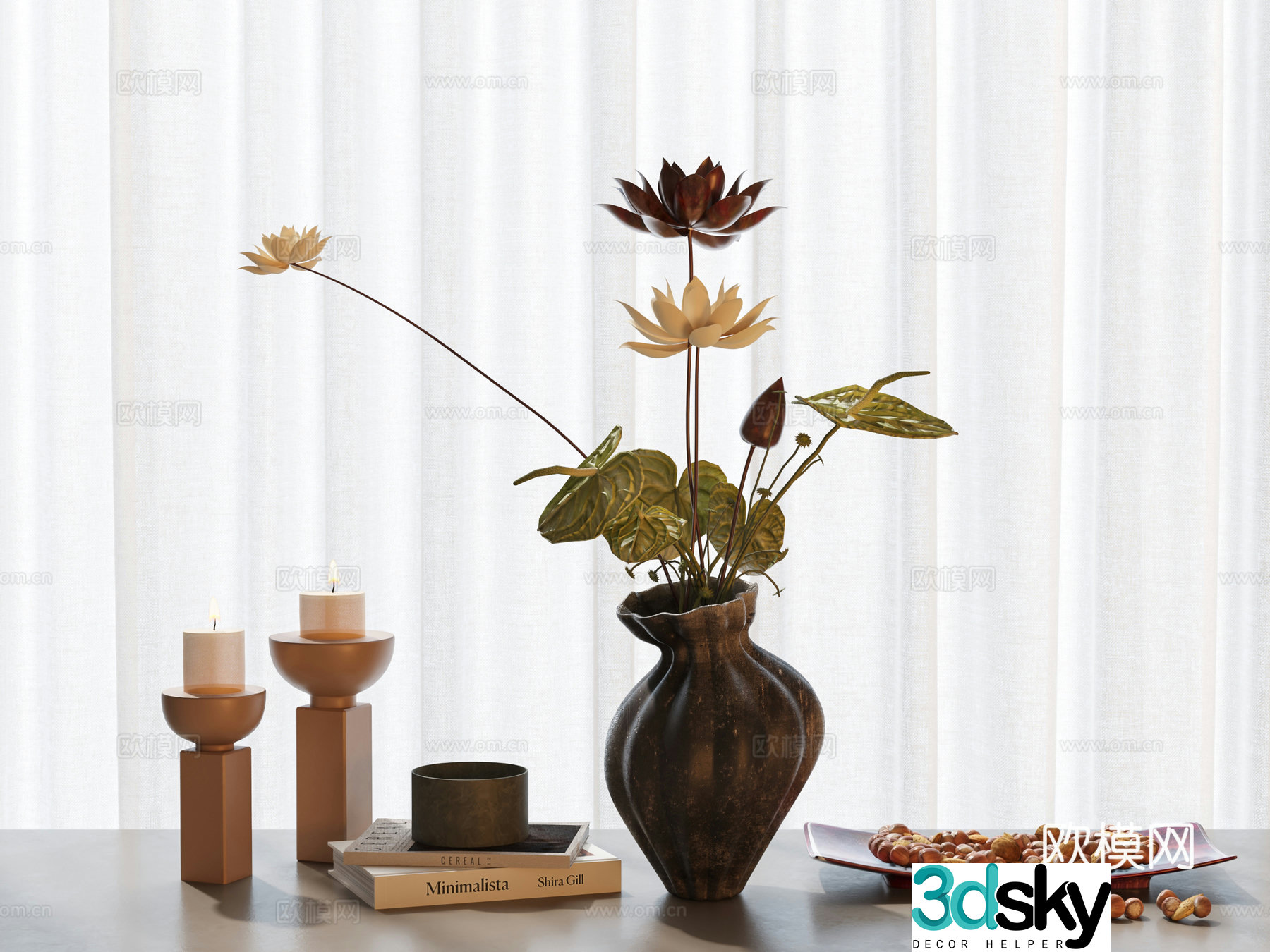 New Chinese style vase flower art lotus dry branch lotus candle ornament vase book ornament 3D model