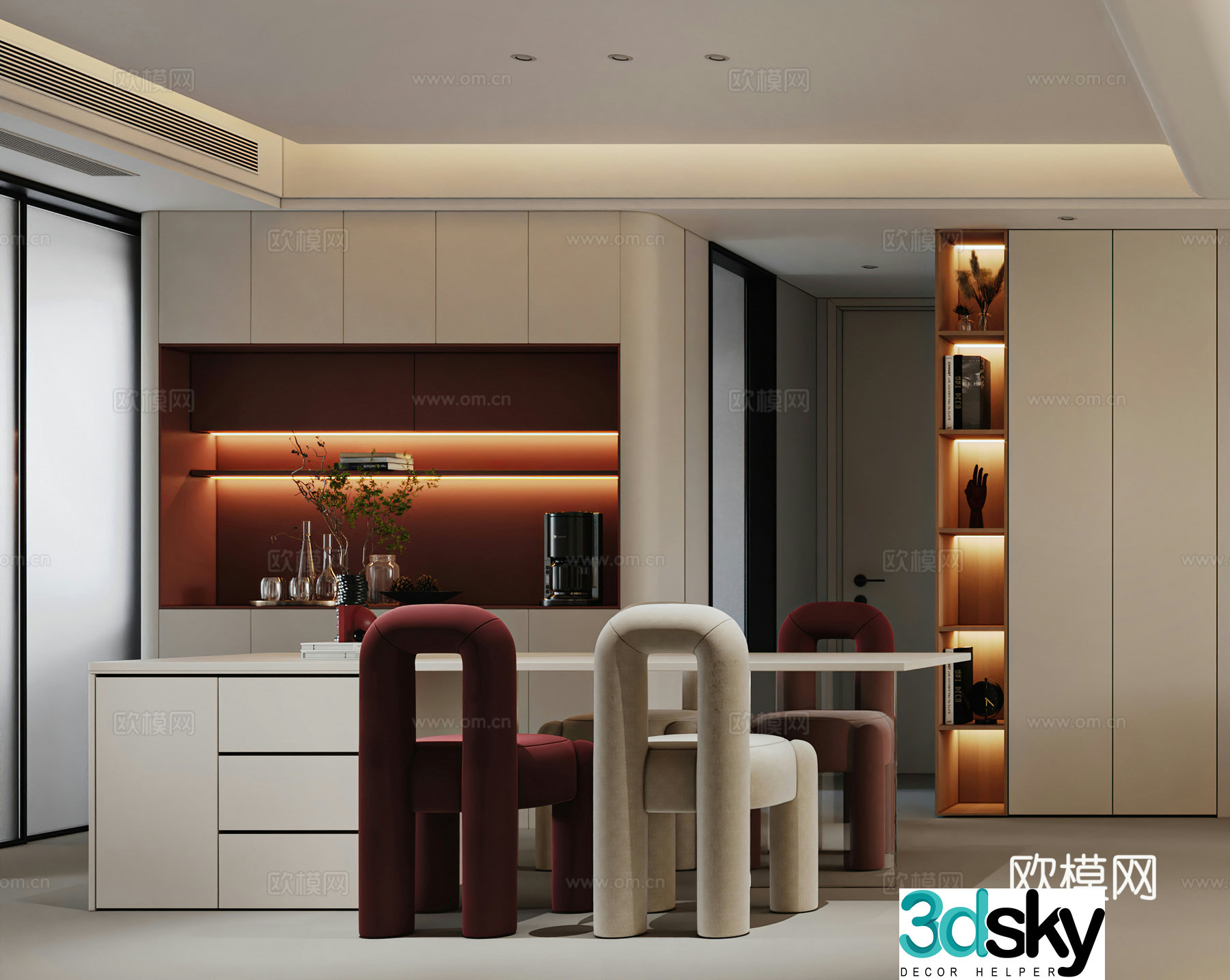 Modern restaurant Light luxury restaurant Cream restaurant Wine cabinet Island dining table Simple 3D model