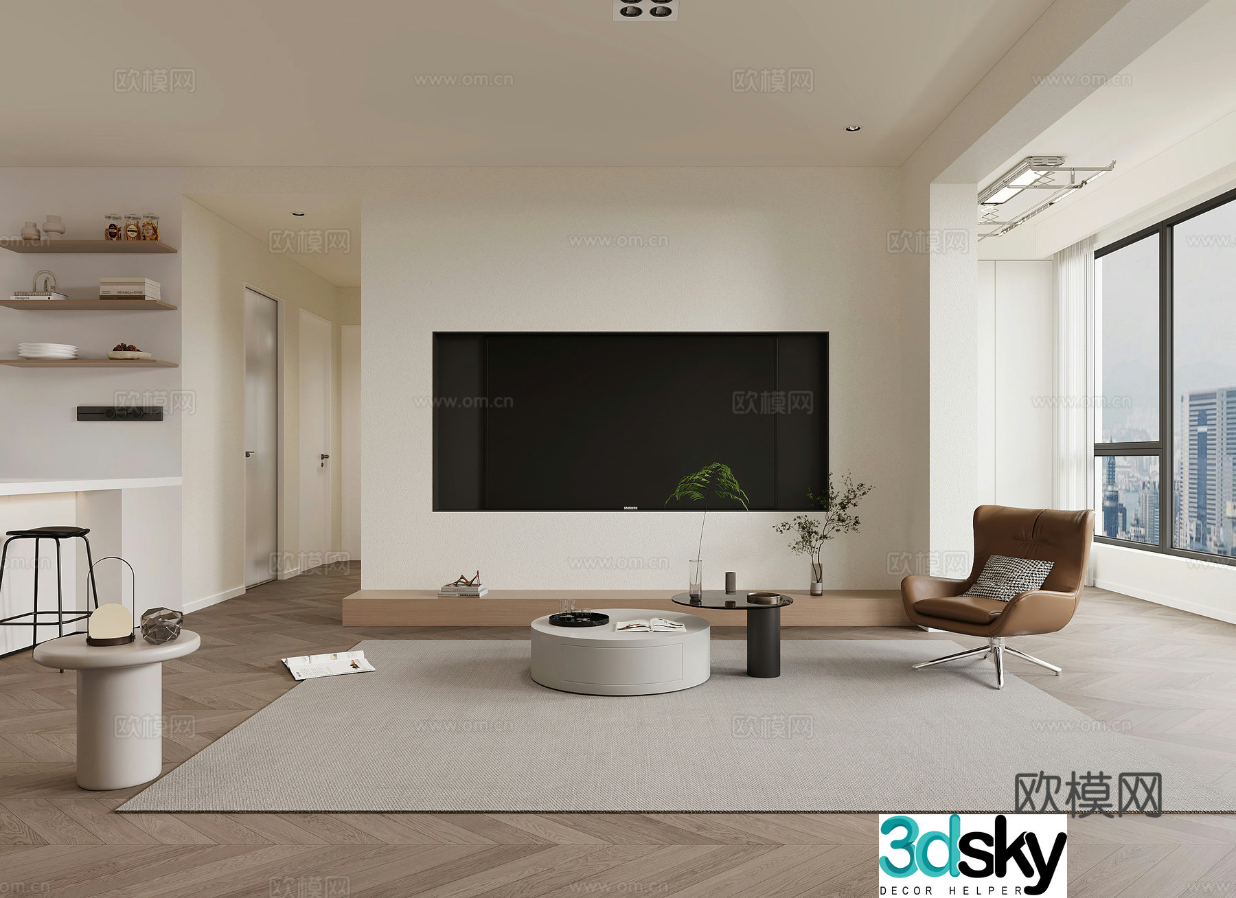 Modern living room TV background wall bar lounge chair modern living room simple creamy 3d model