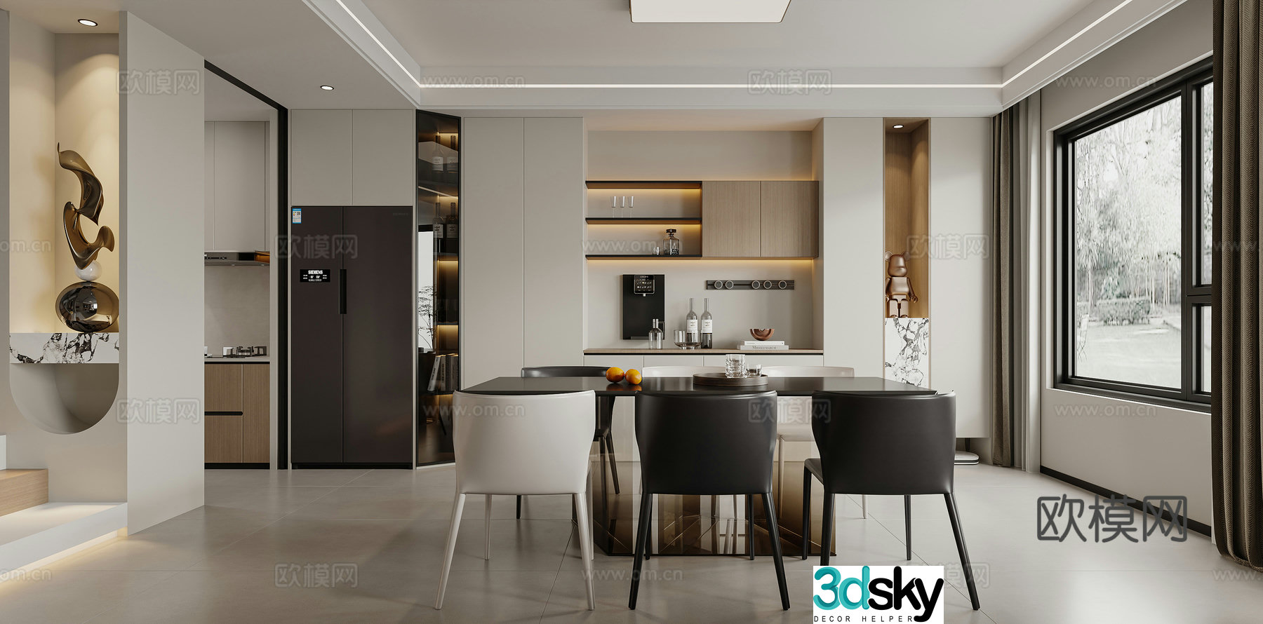 Modern restaurant Dining table Light luxury restaurant Wine cabinet Sweeping robot Simple modern living restaurant 3D model