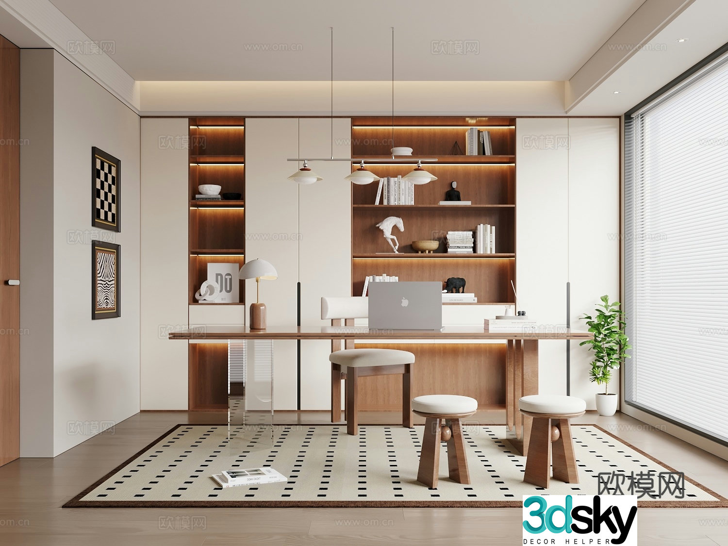 Modern medieval style study desk and chair bookcase medieval style chandelier 3d model