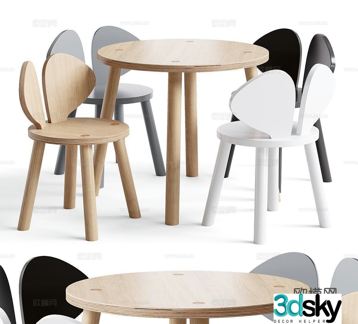 Modern oak children’s table and chairs Nordic children’s table and chairs Round children’s table and rabbit children’s chairs 3d model