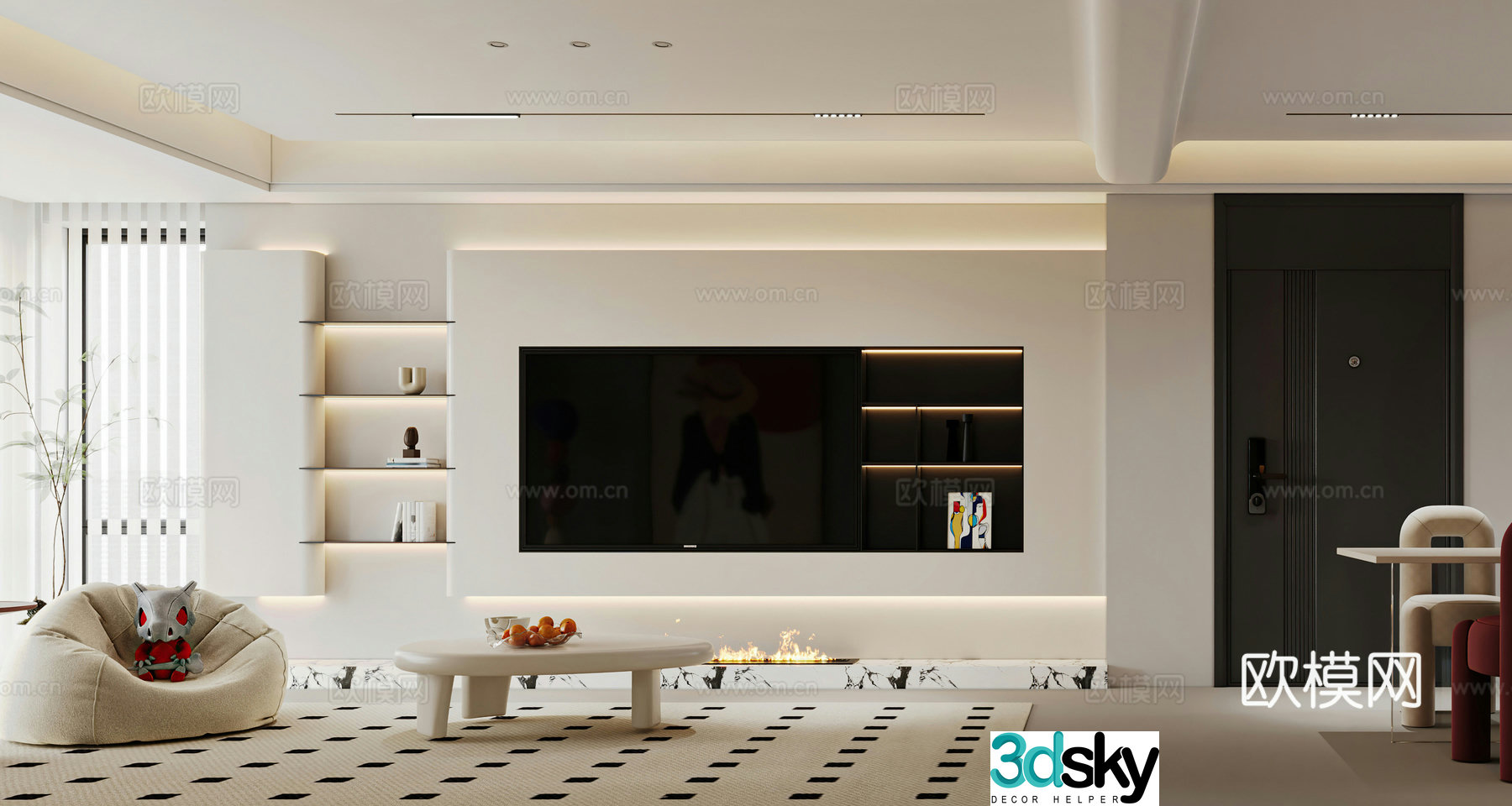 Modern living and dining room TV background wall fireplace lazy sofa TV background wall island 3d model