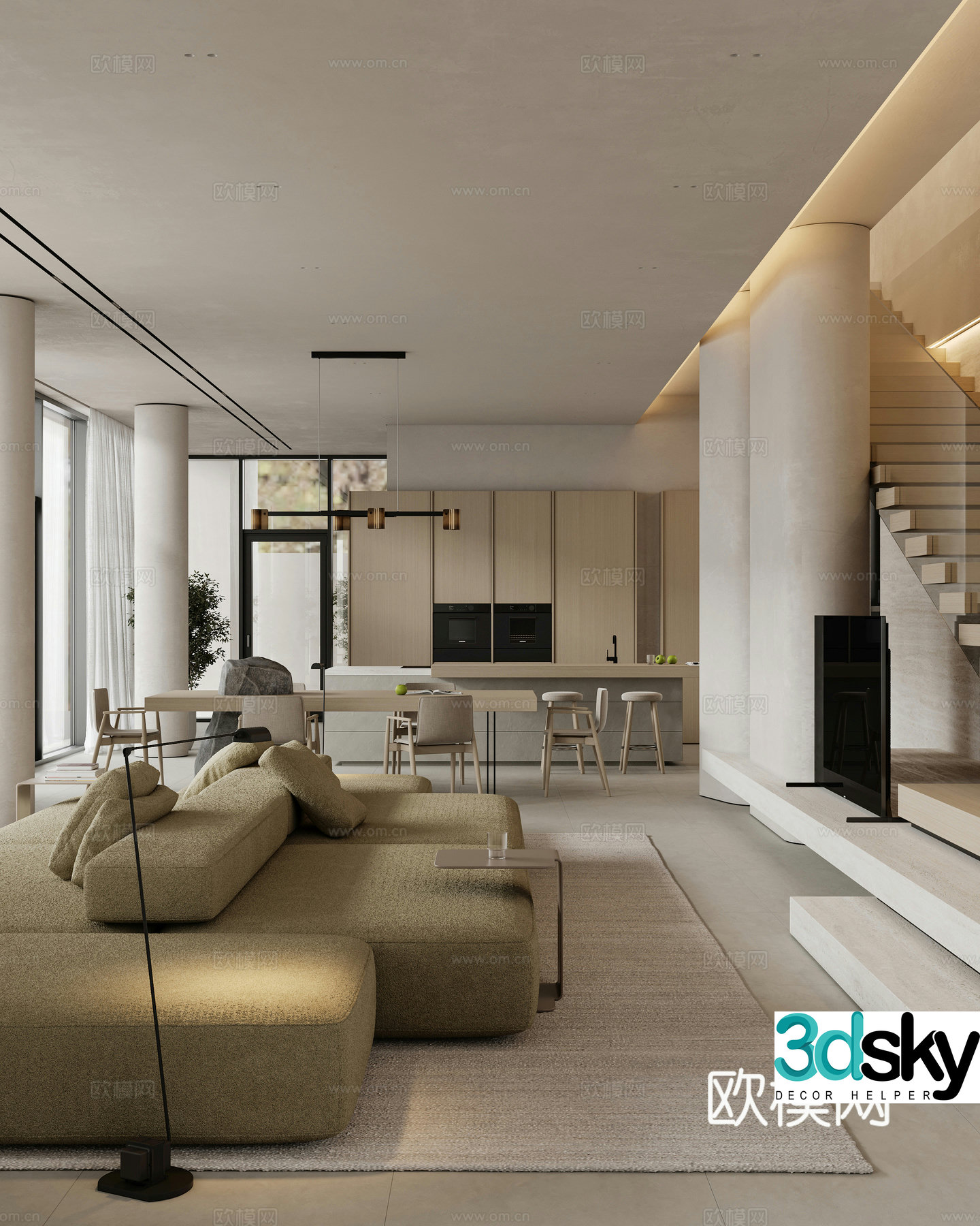 Modern log duplex living and dining room 3d model