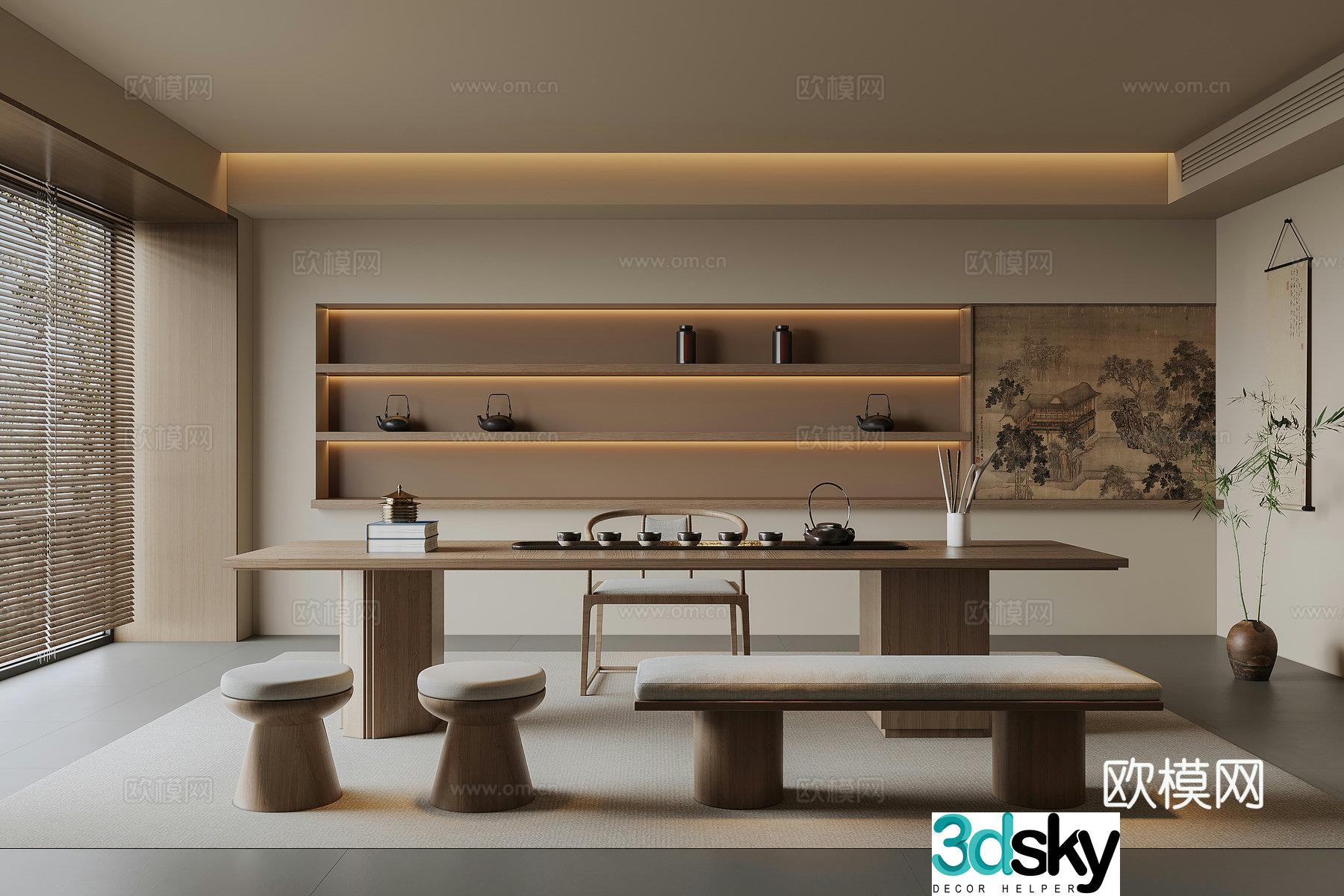 New Chinese-style tea room Song-style tea room Tea cabinet Tea table and chair Hanging painting 3D model