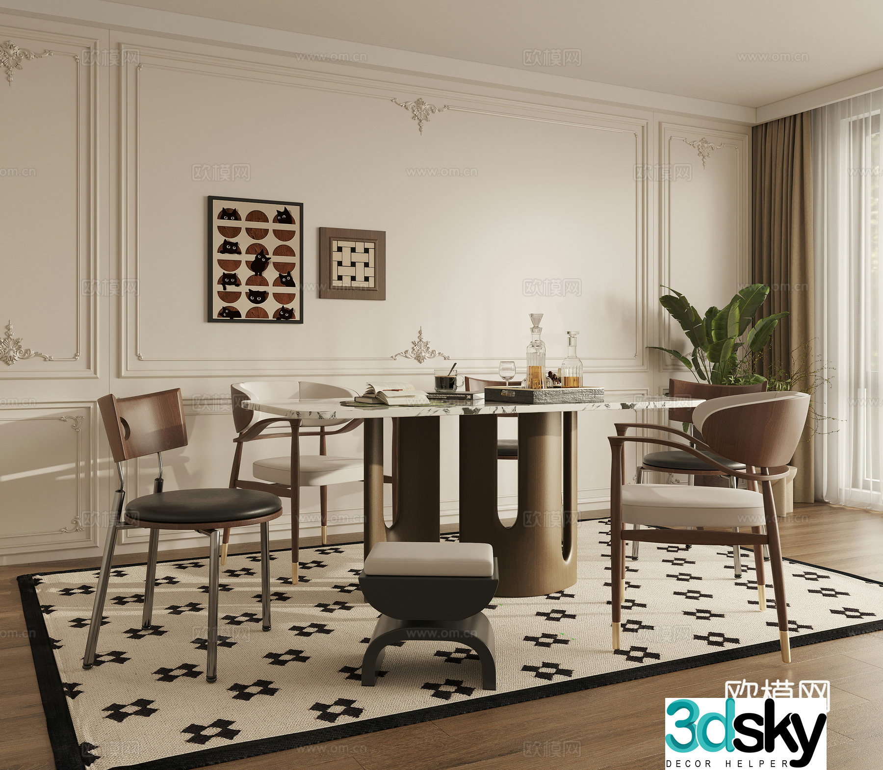 French retro restaurant medieval restaurant dining table and chairs ornaments 3d model