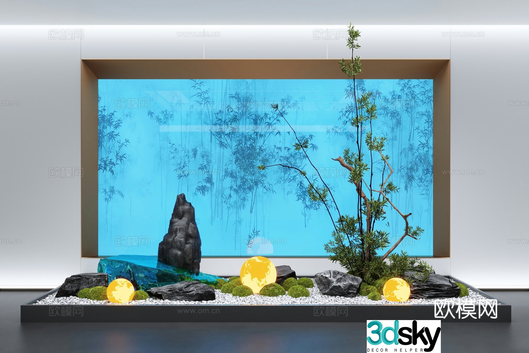 New Chinese style interior landscape moss landscape stone interior landscaping 3D model