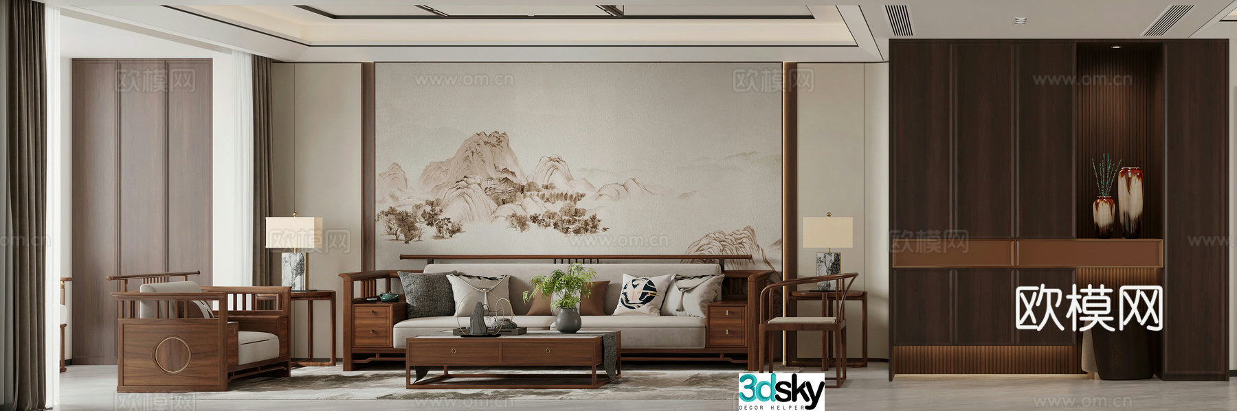New Chinese style living and dining room combination sofa dining table shoe cabinet wine cabinet medieval style living room Song style 3D model