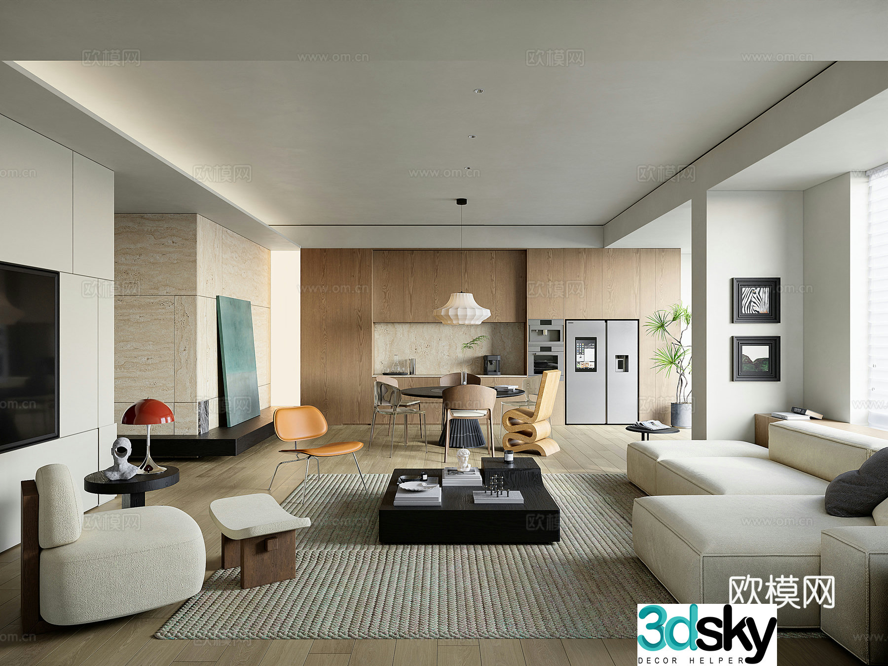 Modern flat living and dining room 3D model
