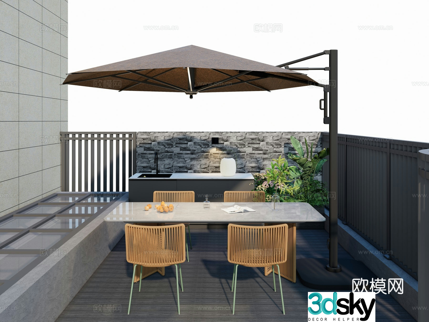 Modern Wasabi Style Outdoor Garden Furniture One Table Four Chairs Rock Slab Marble Dining Table Water Bar 3D Model
