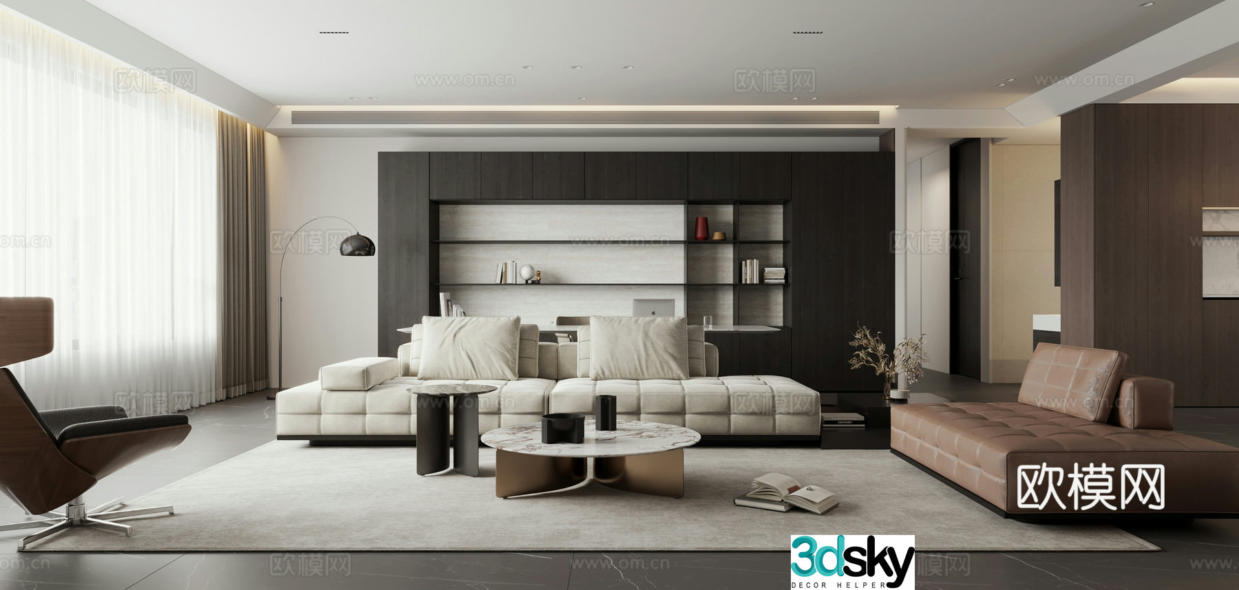 Italian black and white living room large flat floor horizontal hall homeless lights 3D model