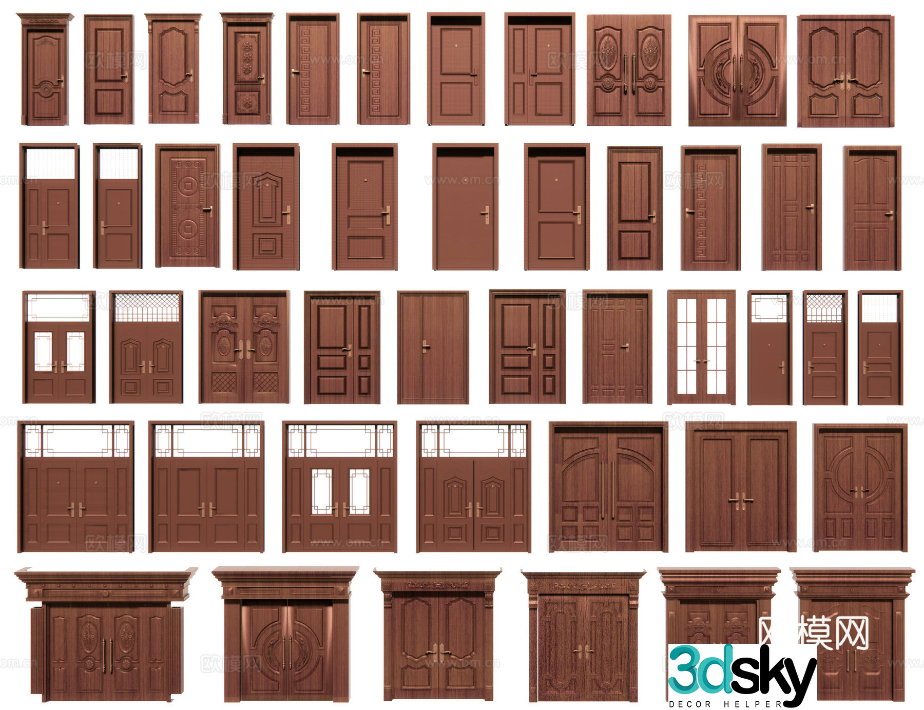New Chinese style single-opening door double-opening door entry door security door swing door mother and child door bedroom door 3D model