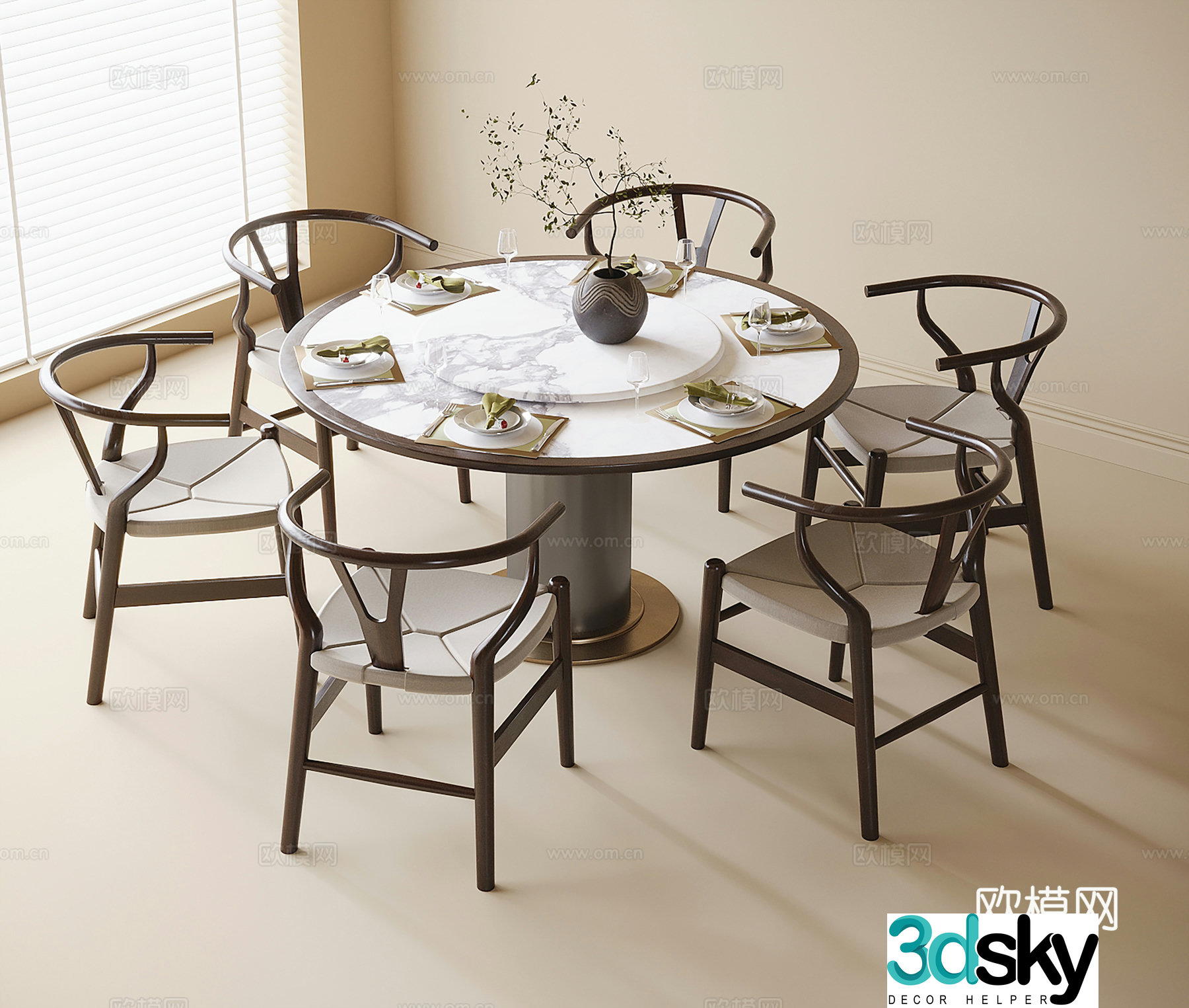 New Chinese dining table and chair combination dining chair round dining table tea chair 3d model