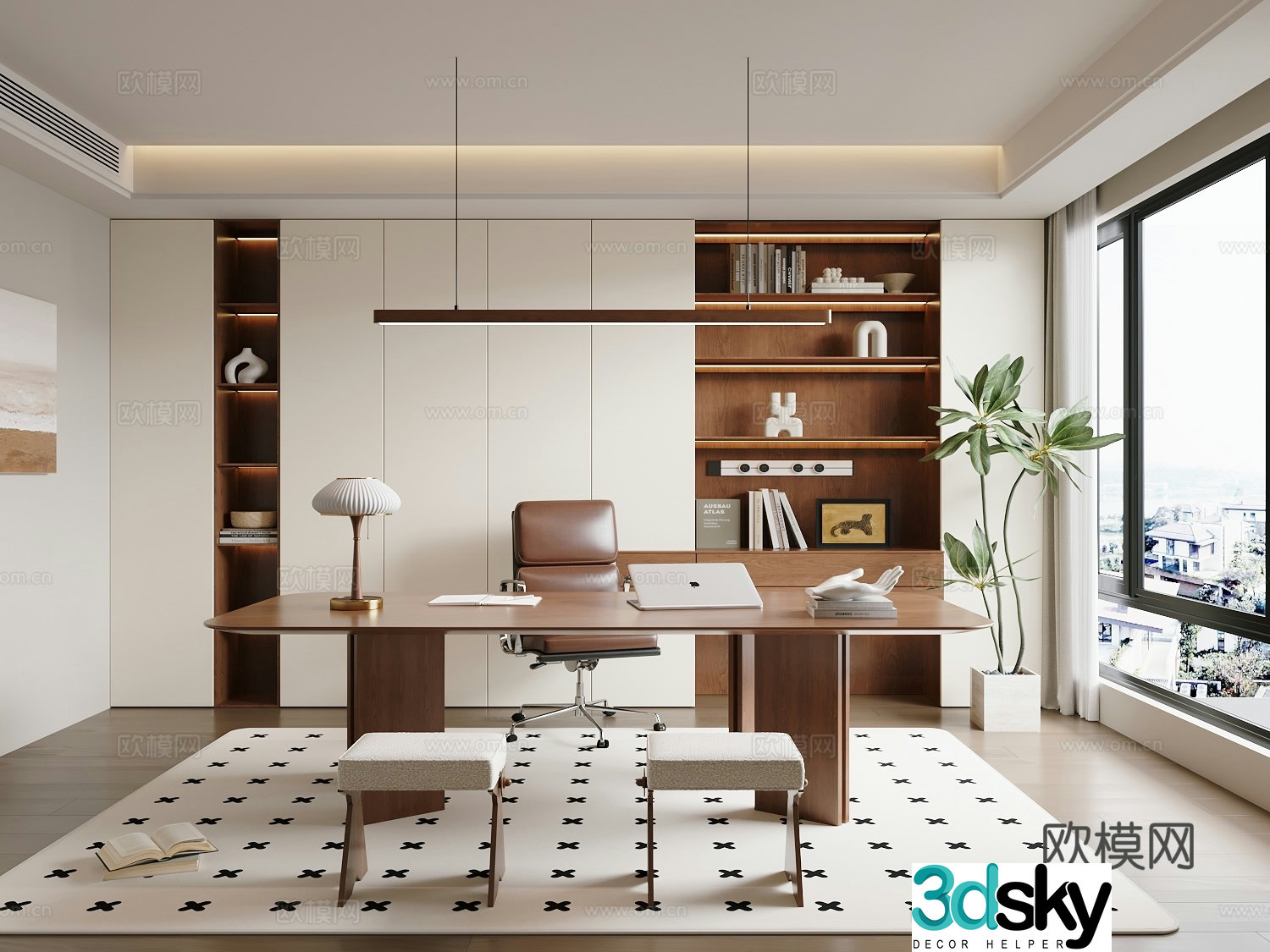 Modern medieval style study room desk and chair combination bookcase modern study room 3D model