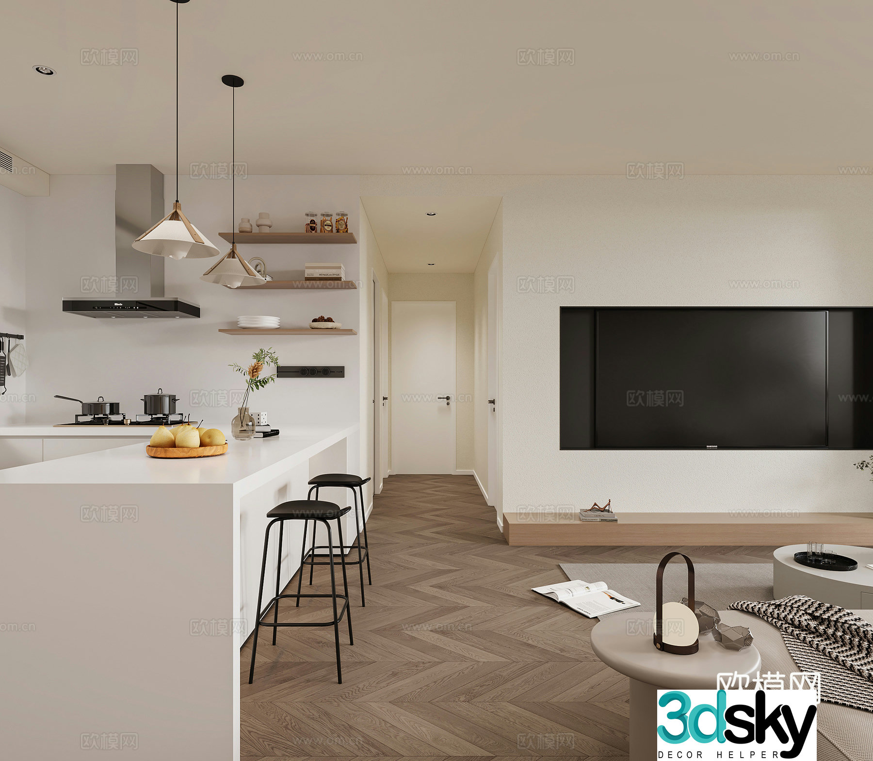Modern open kitchen bar island simple modern kitchen western kitchen living room living dining 3d model