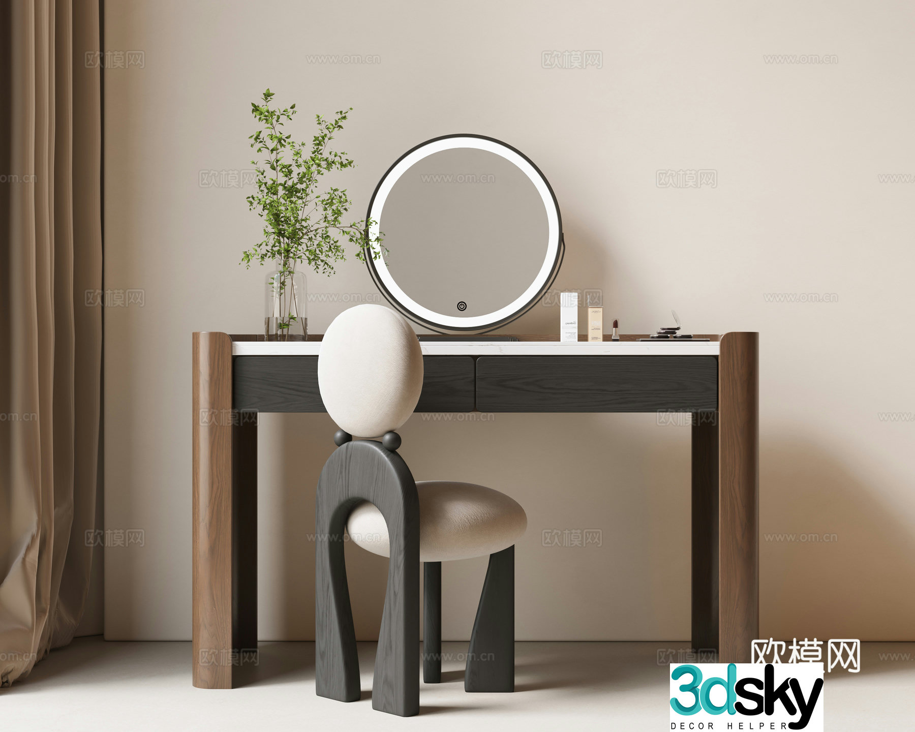 Modern medieval dressing table dressing chair makeup mirror dressing table makeup stool combination green plant desktop makeup 3D model