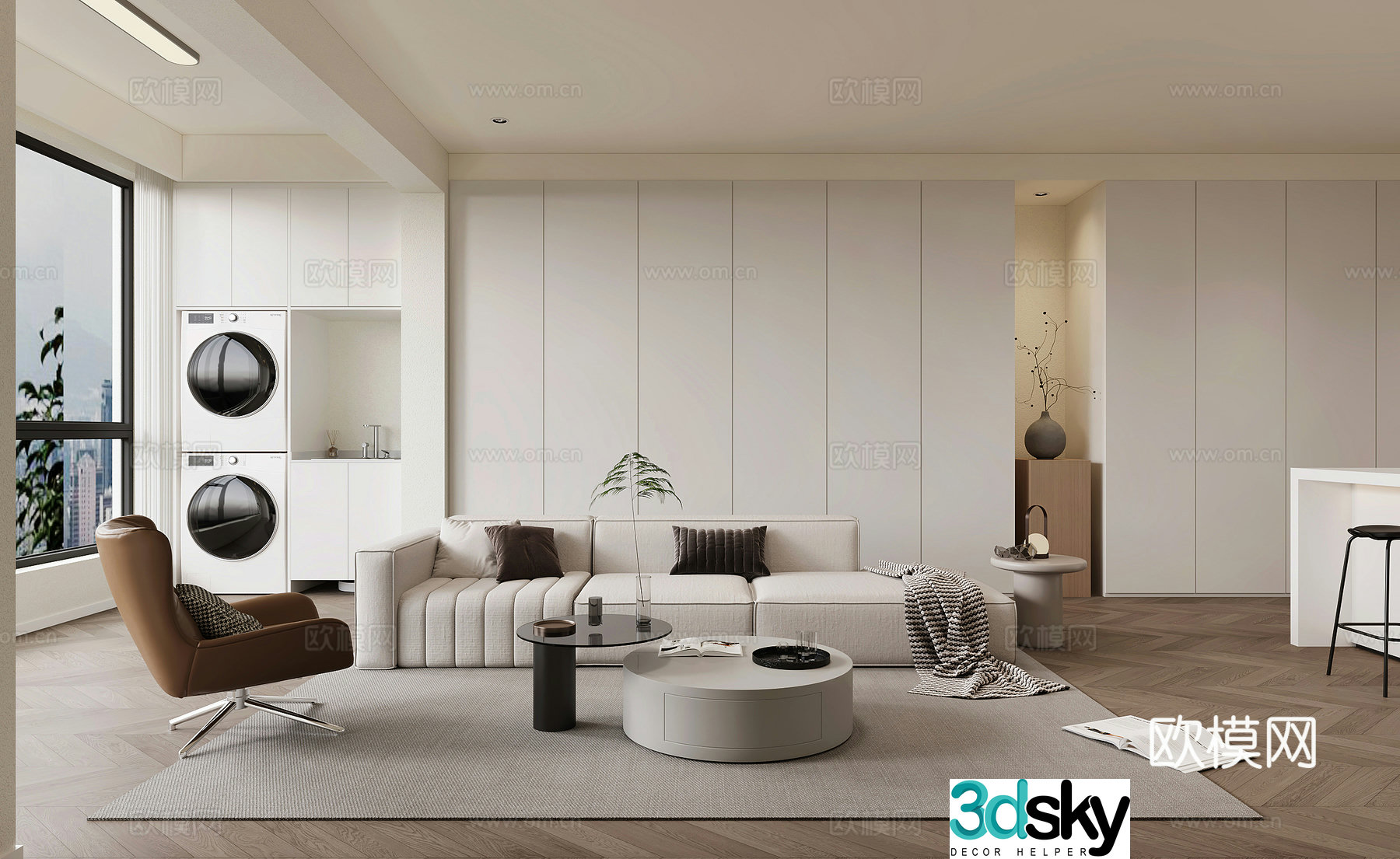 Modern living room Combination sofa Leisure chair Laundry table Washing machine Modern living and dining room Simple 3D model