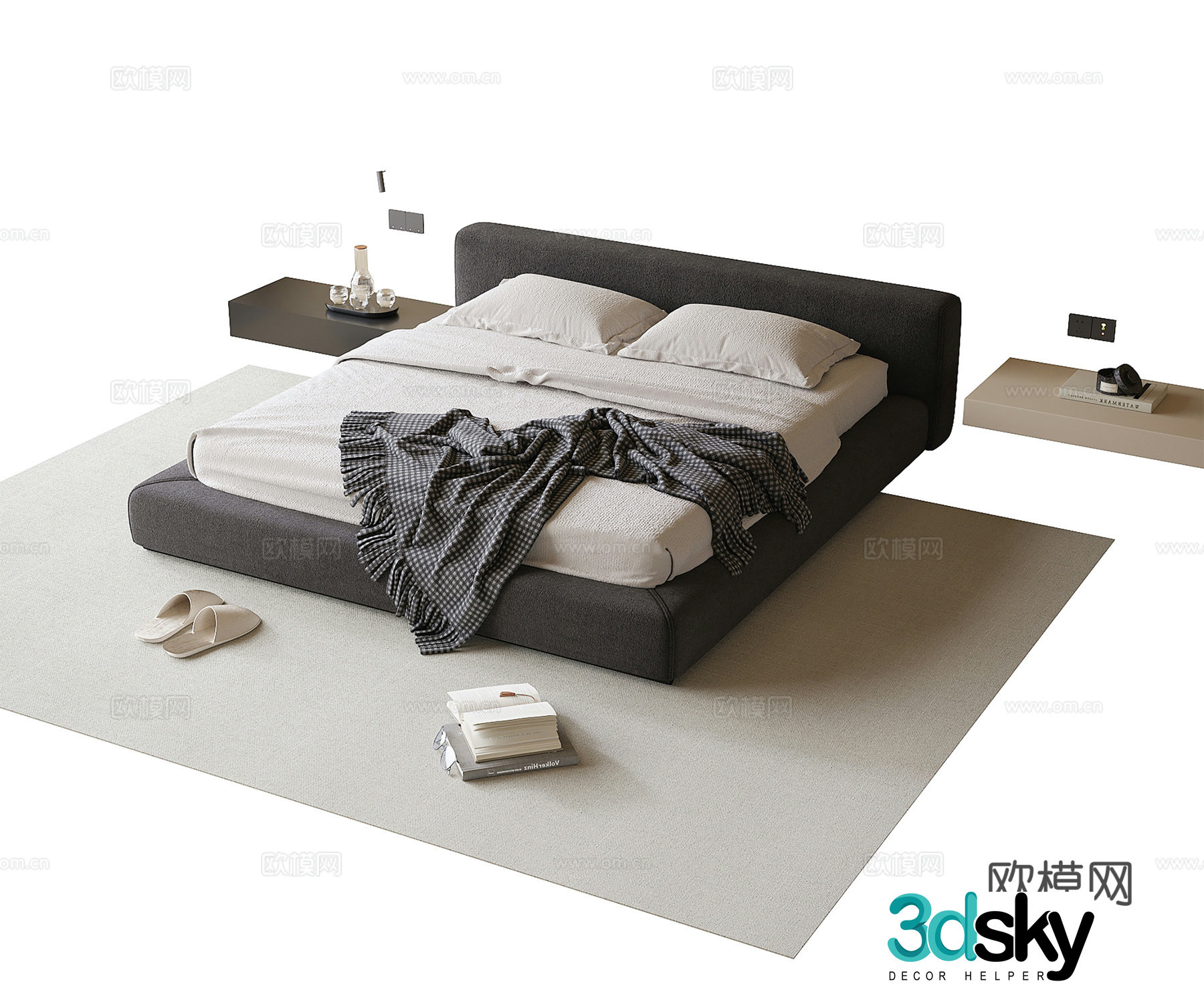 Modern double bed nightstand carpet 3d model