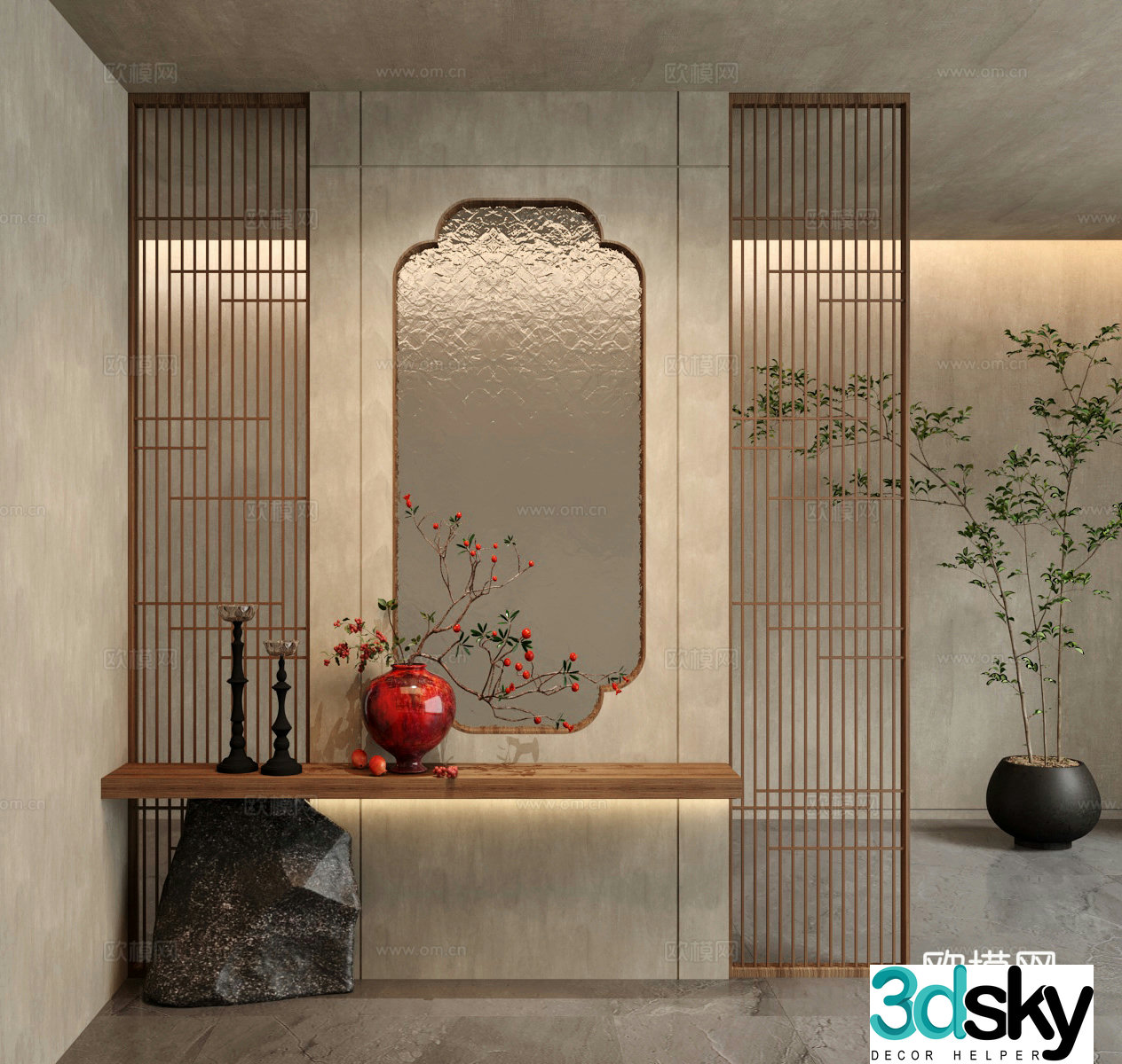 Wasabi New Chinese style entrance partition lattice glass partition 3D model