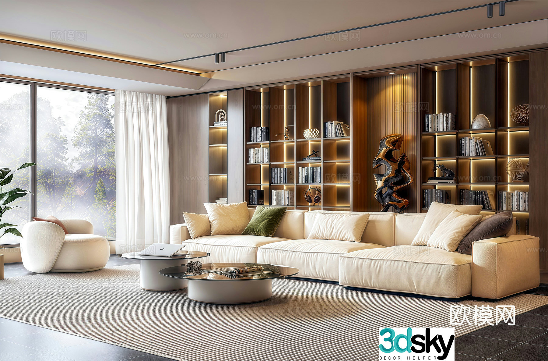 Modern Italian living room bookcase background wall sofa coffee table combination lazy sofa coffee table 3D model