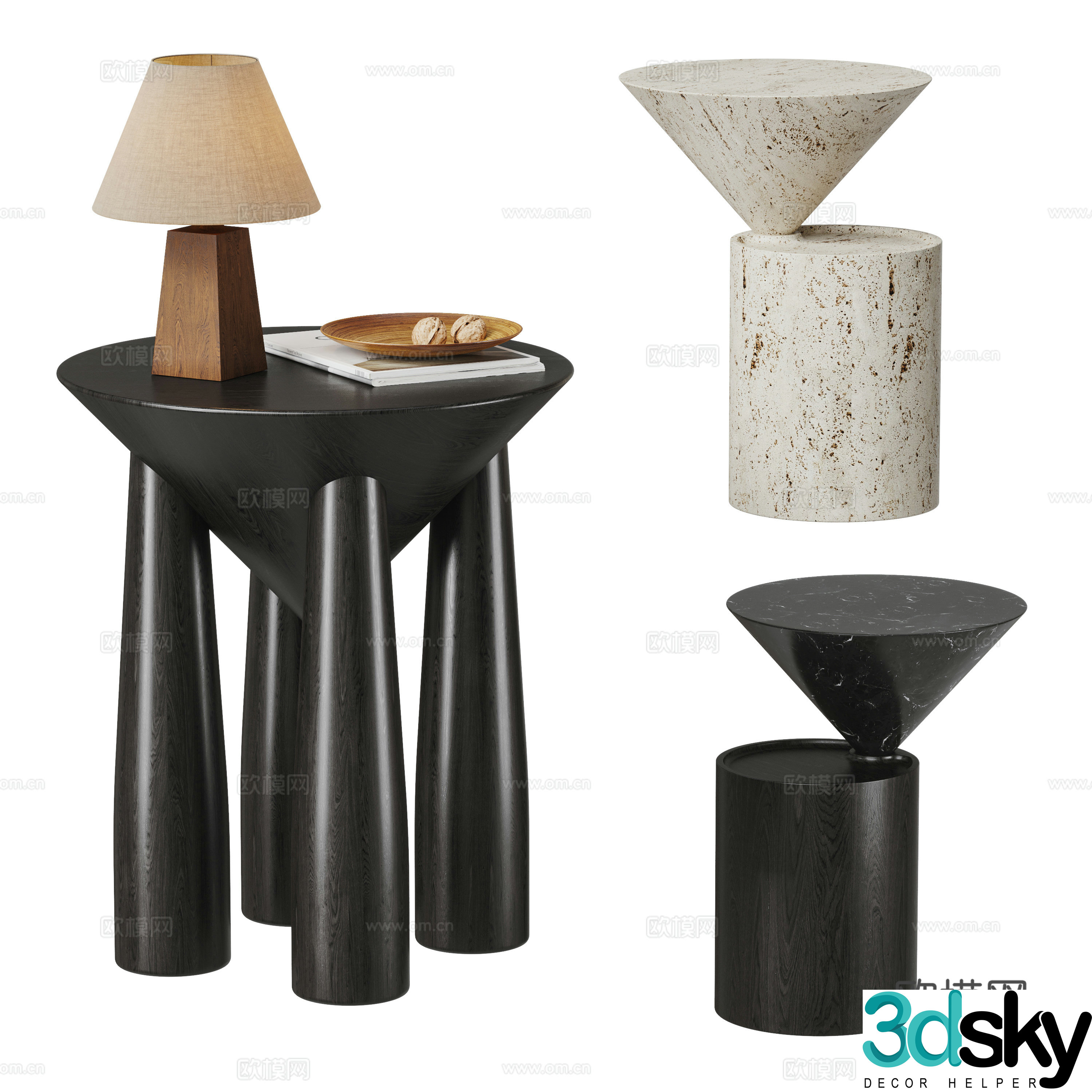 Modern side combination Solid wood stool Solid wood side table Stone side table Round side table 3D model