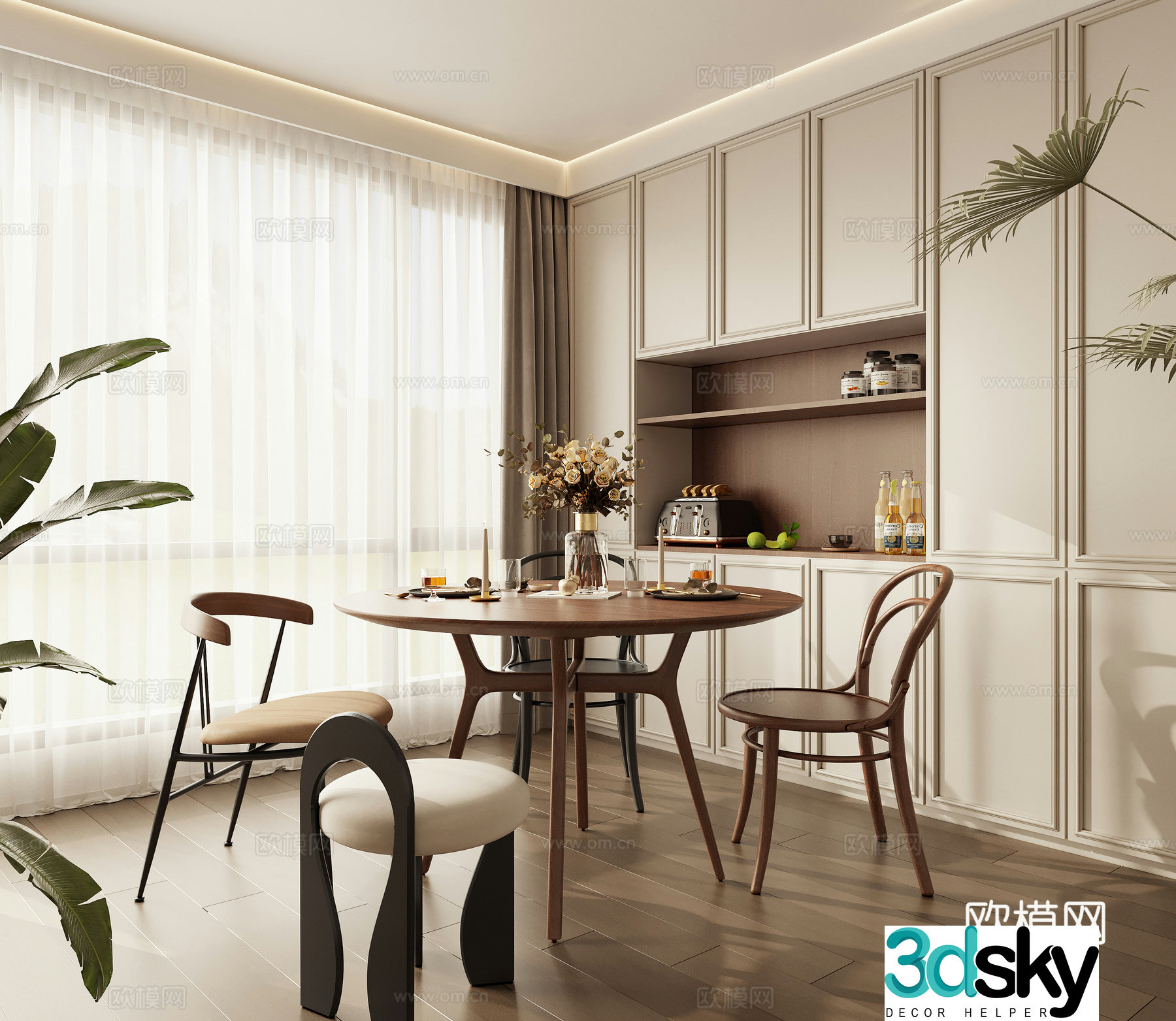 French traditional Chinese restaurant dining table chair round table 3d model
