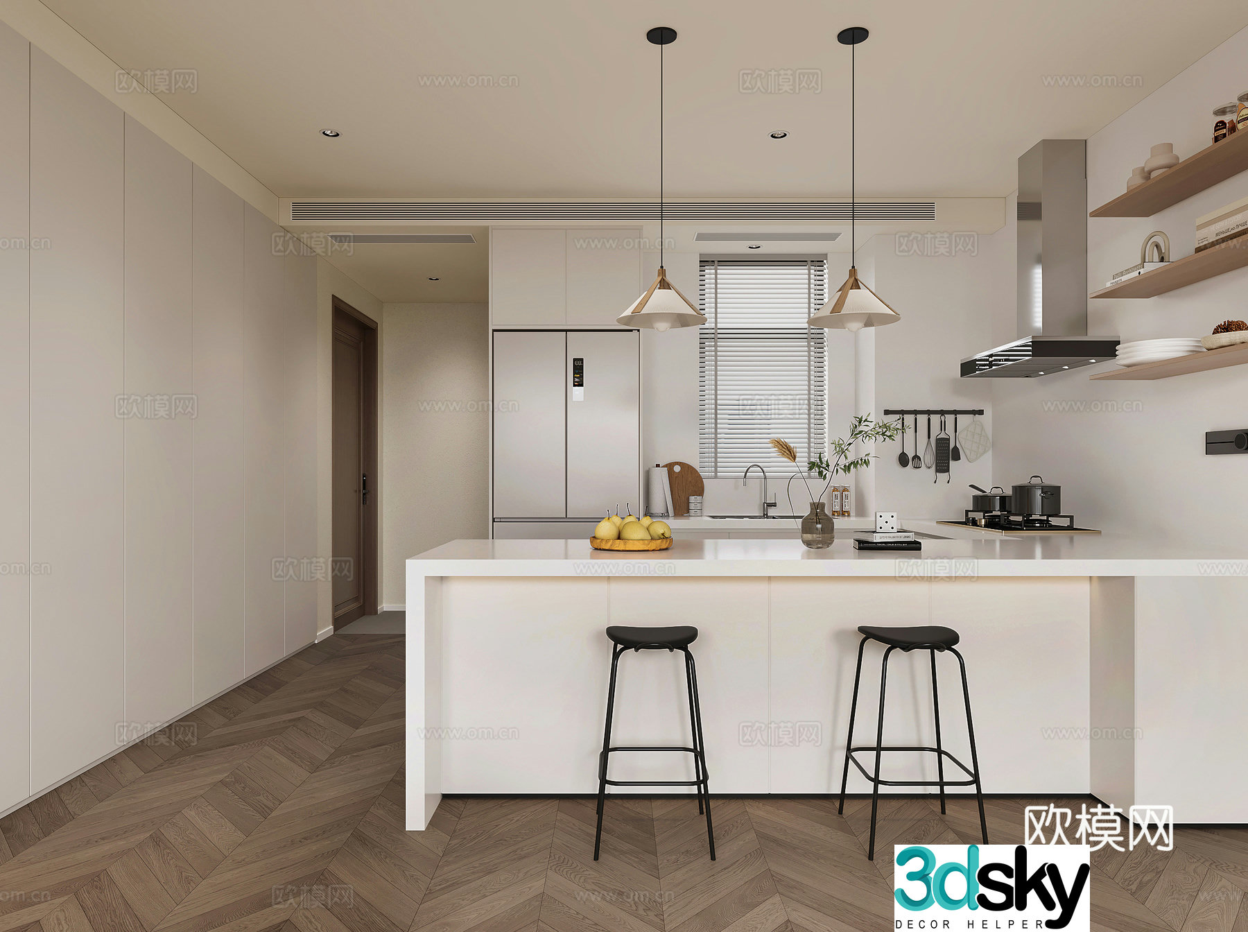 Modern open kitchen bar island simple modern kitchen western kitchen chandeliers 3d model