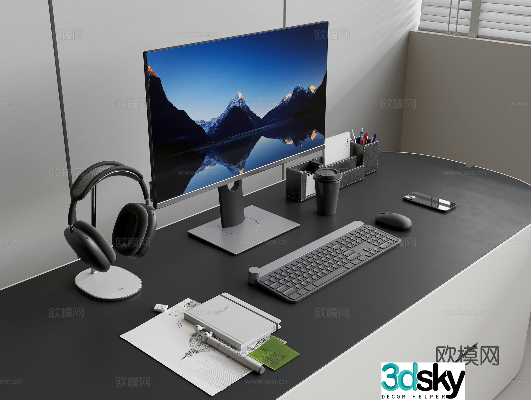Computer all-in-one keyboard mouse headphone headset rack mobile phone pen holder notepad 3d model