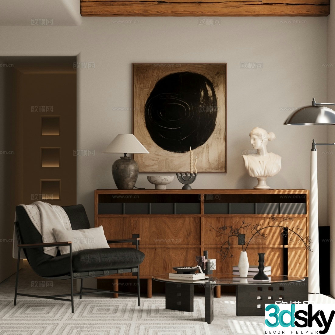 Medium-old leisure chair single sofa medium-old chest of drawers ornaments combination 3D model