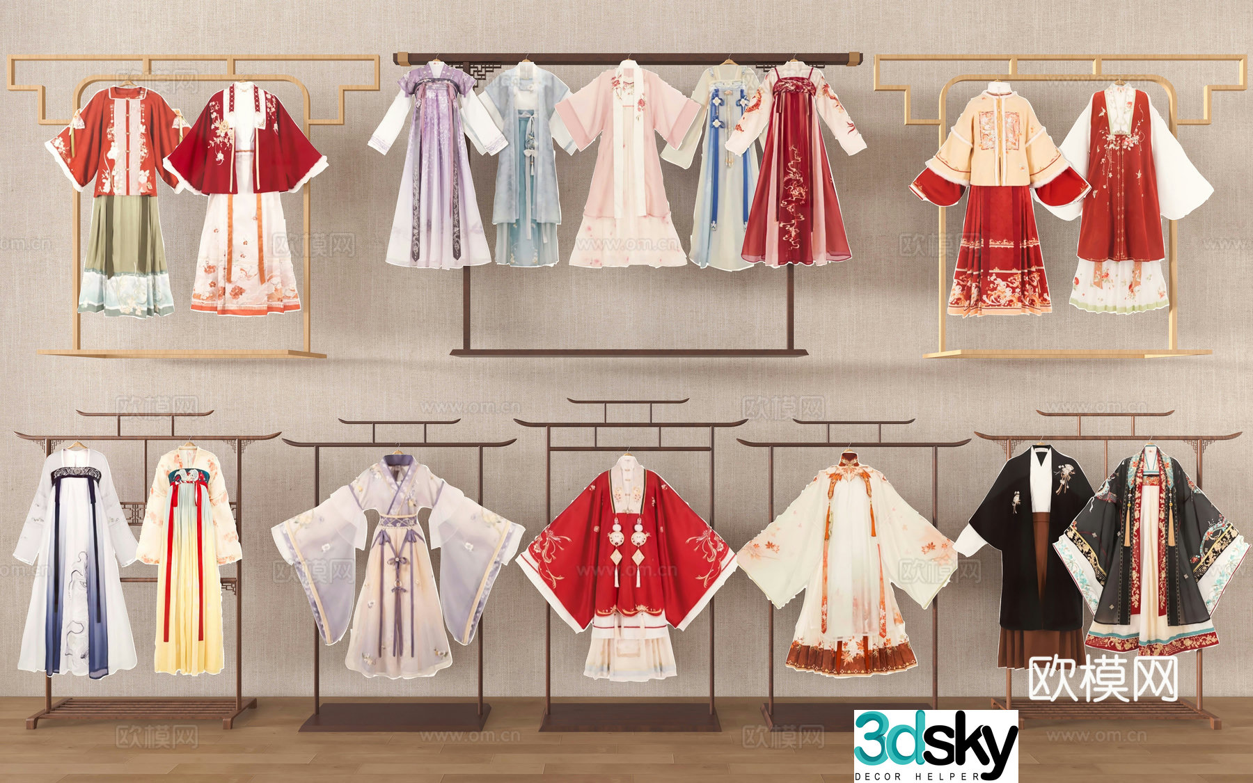 Hanfu display clothes hanger clothes rack clothes hanger Chinese style Hanfu Pavilion beauty Hanfu Tang costume ancient costume 3D model
