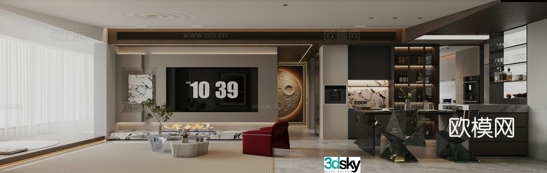 Modern living and dining room 3d model